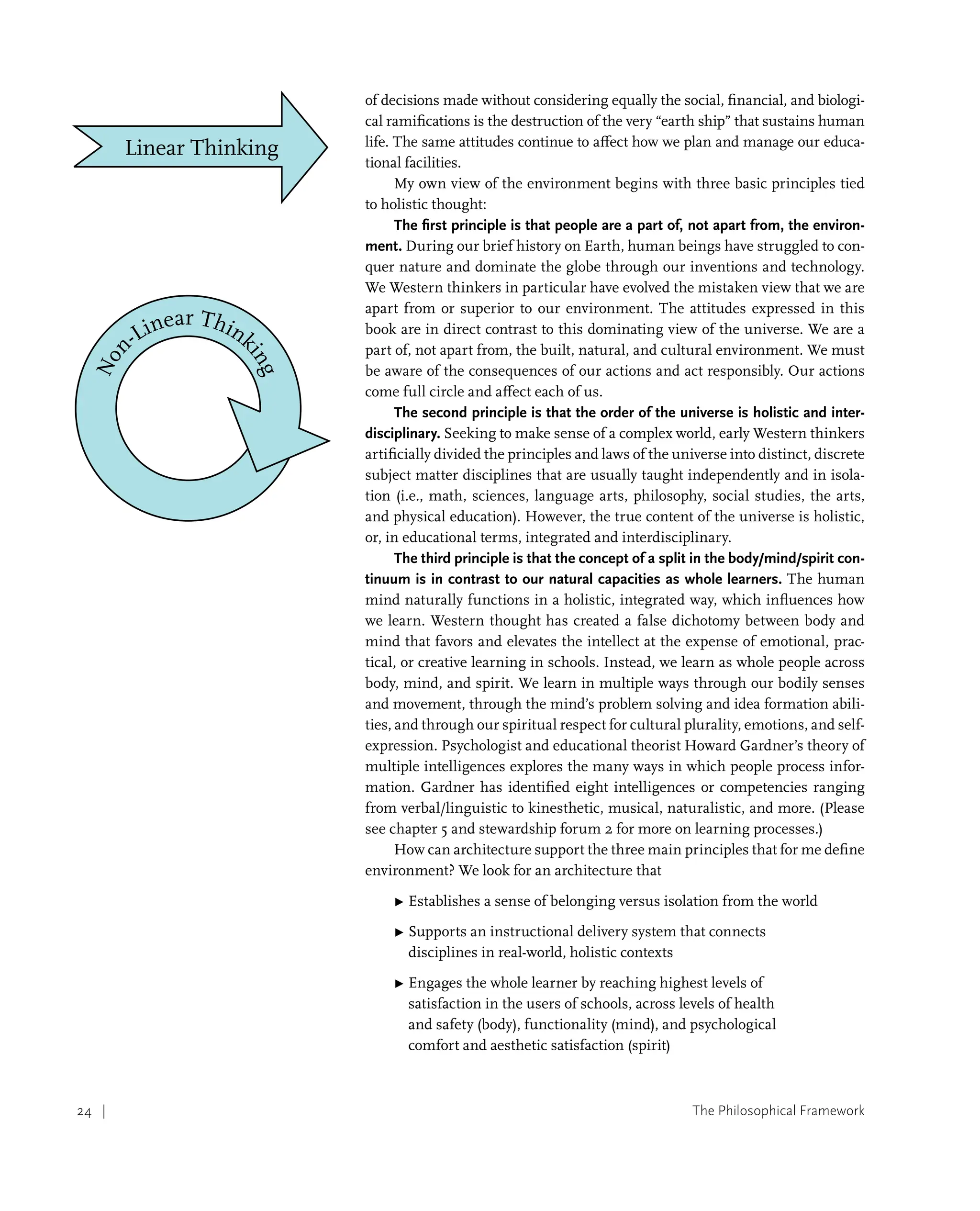 The Philosophical Framework
24 |
of decisions made without considering equally the social, financial, and biologi-
cal ramifications is the destruction of the very “earth ship” that sustains human
life. The same attitudes continue to affect how we plan and manage our educa-
tional facilities.
My own view of the environment begins with three basic principles tied
to holistic thought:
The first principle is that people are a part of, not apart from, the environ-
ment. During our brief history on Earth, human beings have struggled to con-
quer nature and dominate the globe through our inventions and technology.
We Western thinkers in particular have evolved the mistaken view that we are
apart from or superior to our environment. The attitudes expressed in this
book are in direct contrast to this dominating view of the universe. We are a
part of, not apart from, the built, natural, and cultural environment. We must
be aware of the consequences of our actions and act responsibly. Our actions
come full circle and affect each of us.
The second principle is that the order of the universe is holistic and inter-
disciplinary. Seeking to make sense of a complex world, early Western thinkers
artificially divided the principles and laws of the universe into distinct, discrete
subject matter disciplines that are usually taught independently and in isola-
tion (i.e., math, sciences, language arts, philosophy, social studies, the arts,
and physical education). However, the true content of the universe is holistic,
or, in educational terms, integrated and interdisciplinary.
The third principle is that the concept of a split in the body/mind/spirit con-
tinuum is in contrast to our natural capacities as whole learners. The human
mind naturally functions in a holistic, integrated way, which influences how
we learn. Western thought has created a false dichotomy between body and
mind that favors and elevates the intellect at the expense of emotional, prac-
tical, or creative learning in schools. Instead, we learn as whole people across
body, mind, and spirit. We learn in multiple ways through our bodily senses
and movement, through the mind’s problem solving and idea formation abili-
ties, and through our spiritual respect for cultural plurality, emotions, and self-
expression. Psychologist and educational theorist Howard Gardner’s theory of
multiple intelligences explores the many ways in which people process infor-
mation. Gardner has identified eight intelligences or competencies ranging
from verbal/linguistic to kinesthetic, musical, naturalistic, and more. (Please
see chapter 5 and stewardship forum 2 for more on learning processes.)
How can architecture support the three main principles that for me define
environment? We look for an architecture that
▶ 
Establishes a sense of belonging versus isolation from the world
▶ 
Supports an instructional delivery system that connects
disciplines in real-world, holistic contexts
▶ 
Engages the whole learner by reaching highest levels of
satisfaction in the users of schools, across levels of health
and safety (body), functionality (mind), and psychological
comfort and aesthetic satisfaction (spirit)
Linear Thinking
N
o
n
-Linear Think
i
n
g
 