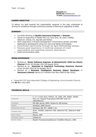 Total – 6.5 years
Dheepthi.J.J
Mobile No: 9940391226
E-mail: saidheepthi@gmail.com
CAREER OBJECTIVE
To deliver my best towards the responsibility assigned in the jobs undertaken &
striving for excellence through continuous process of learning & upgrading of skills.
SUMMARY
• Currently Working as Quality Assurance Engineer in Amazon.
• Hands on Experience in Adobe Flex 4.0, Core Java, JS, JUnit, TestNG,
Selenium, Oracle, C#, Asp.Net and Python.
• Work experience in Product development in Ecommerce domain and Web
Applications development using Core Java and Adobe technologies.
• Contributed significantly through all Agile Methodology phases.
• Possess good experience in technical analysis of client
requirements and sketching solution alternatives.
• Good communication skills.
WORK EXPERIENCE
• Worked as Senior Software Engineer at Altimetrik(for VISA Inc Client)
Chennai (From 30 October 2013 till August 2014)
• Worked as an Associate in Cognizant Technology Solutions Chennai
(From 26 April 2010 till 24 October 2013)
• Worked as a Business Intelligence Business Object Developer in
Hexaware chennai (tenure of 4 Months from Nov-2009 to Mar-2010).
 Passed B E CSC from Meenakshi College of Engineering, Anna University Chennai
with 83 % in May 2009.
TECHNICAL SKILLS
LANGUAGE
C, C++,Core Java, Python, JS, J2EE, JSP, WSDL, Adobe
Flex 4.0, Regular Expression,ASP.NET with C#,
UNIX[Basics]
DATABASE MS SQL server 2005, Oracle 9i, MS Access
SERVER Windows 2000 Server
OPERATING SYSTEM Windows 98/ XP / 2000/ 7 /8
TESTING TOOLS
JUnit, TestNG, Selenium IDE, Selenium RC, Selenium Web
Driver
BUILD TOOLS Maven, ANT
COVERAGE TOOLS Cobertura
PAYPAL TOOLS Bluefin Framework{Selenium+TestNG+Maven}, JIRA
Dheepthi.J.J Page 1 of 5
 