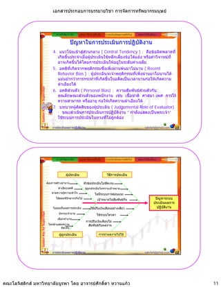 เอกสารประกอบการบรรยายวิชา การจัดการทรัพยากรมนุษย



                                                    ความสําคัญ/แนวคิด     รูปแบบ วิธีการ เครื่องมือ   ระบบประเมินผลงานสมัยใหม   หลักการใหคําปรึกษา

                                                                  ปญหาในการประเมินการปฏิบัติงาน
                                                  4. แนวโนมเขาสูสวนกลาง ( Central Tendency ) : คือขอผิดพลาดที่
                                                    เกิดขึ้นประจําเมื่อผูประเมินใชหลีกเลี่ยงขอโตแยง หรือคําวิจารณที่
                                                    อาจเกิดขึ้นไดโดยการประเมินใหอยูในระดับคาเฉลี่ย
                                                  5. อคติที่เกิดจากพฤติกรรมซึ่งเพิ่งผานพนมาไมนาน ( Recent
                                                    Behavior Bias ) : ผูประเมินจะจําพฤติกรรมที่เพิ่งผานมาไมนานได
                                                    แมนยํากวาการกระทําที่เกิดขึ้นในอดีตเปนเวลานานกอใหเกิดความ
                                                    ลําเอียงได
                 Golden Key for Supervisor




                                                  6. อคติสวนตัว ( Personal Bias) : ความสัมพันธสวนตัวกับ
                                                    คุณลักษณะสวนตัวของพนักงาน เชน เชื้อชาติ ศาสนา เพศ การไร
                                                      ุ
                                                    ความสามารถ หรืออายุ กอใหเกิดความลําเอียงได
                                                  7. บทบาทผูตัดสินของผูประเมิน ( Judgemental Role of Evaluator)
                                                    : ขณะดําเนินการประเมินการปฏิบัติงาน “ กําลังแสดงเปนพระเจา”
                                                    ใชระบบการประเมินในทางที่ไมถูกตอง

                                                 การประเมินผลการปฏิบัติงาน                                                              sakdah@gmail.com        21




                                                    ความสําคัญ/แนวคิด     รูปแบบ วิธีการ เครื่องมือ   ระบบประเมินผลงานสมัยใหม   หลักการใหคําปรึกษา



                                                             ผูประเมิน                                วิธีการประเมิน

                                             ตองการสรางอํานาจ               หัวขอประเมินไมชัดเจน
                                                      ลําเอียง/อคติ             ผูถูกประเมินไมทราบเปาหมาย
                                                                                   ู
                                                 ขาดความรูความเขาใจ                      ไมมีระบบการสอนแนะ
                                                    ใชดุลยพินิจมากเกินไป                     เปาหมายไมสัมพันธกัน                              ปญหาระบบ
                                                                                                                                                 ประเมินผลการ
                                                  ไมยอมรับผลการประเมิน               ใชปรับเงินเดือนอยางเดียว                                   ปฏิบัติงาน
                 Golden Key for Supervisor




                                                      ประจบเจานาย                            ใชระบบโควตา
                                                     เลือกทํางาน
                                                                                 การปรบเงนเดอนไม
                                                                                 การปรับเงินเดือนไม
                                              ไมกลาแสดงความ                     สัมพันธกับผลงาน
                                                        คิดเห็น

                                                      ผูถูกประเมิน                             การนําผลงานไปใช




                                                 การประเมินผลการปฏิบัติงาน                                                              sakdah@gmail.com        22




คณะโลจิสติกส มหาวิทยาลัยบูรพา โดย อาจารยศักดิ์ดา หวานแกว                                                                                                          11
 