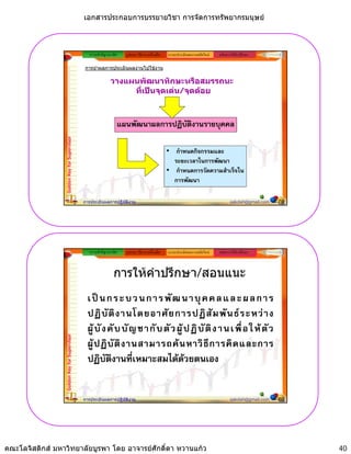 เอกสารประกอบการบรรยายวิชา การจัดการทรัพยากรมนุษย



                                                ความสําคัญ/แนวคิด   รูปแบบ วิธีการ เครื่องมือ   ระบบประเมินผลงานสมัยใหม   หลักการใหคําปรึกษา

                                             การนําผลการประเมินผลงานไปใชงาน

                                                             วางแผนพัฒนาทักษะหรือสมรรถนะ
                                                                  ที่เปนจุดเดน/จุดดอย



                                                                แผนพัฒนาผลการปฏิบัตงานรายบุคคล
                                                                                   ิ
                 Golden Key for Supervisor




                                                                                                • กําหนดกิจกรรมและ
                                                                                                  ระยะเวลาในการพัฒนา
                                                                                                • กําหนดการวัดความสําเร็จใน
                                                                                                  การพัฒนา

                                             การประเมินผลการปฏิบัติงาน                                                            sakdah@gmail.com   79




                                                ความสําคัญ/แนวคิด   รูปแบบ วิธีการ เครื่องมือ   ระบบประเมินผลงานสมัยใหม   หลักการใหคําปรึกษา



                                                              การใหคําปรึกษา/สอนแนะ
                                              เ ป น ก ร ะ บ ว น ก า ร พั ฒ น า บุ ค ค ล แ ล ะ ผ ล ก า ร
                                                ป                       พ           บ
                                              ปฏิ บั ติ ง านโดยอาศั ย การปฏิ สั ม พั น ธ ร ะหว า ง
                                              ผู บั ง คั บ บั ญ ชากั บ ตั ว ผู ป ฏิ บั ติ ง านเพื่ อ ให ตั ว
                 Golden Key for Supervisor




                                              ผู ป ฏิ บั ติ ง านสามารถค น หาวิ ธี ก ารคิ ด และการ
                                              ปฏิบัติงานที่เหมาะสมไดดวยตนเอง


                                             การประเมินผลการปฏิบัติงาน                                                            sakdah@gmail.com   80




คณะโลจิสติกส มหาวิทยาลัยบูรพา โดย อาจารยศักดิ์ดา หวานแกว                                                                                               40
 