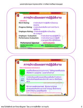เอกสารประกอบการบรรยายวิชา การจัดการทรัพยากรมนุษย



                                                 ความสําคัญ/แนวคิด   รูปแบบ วิธีการ เครื่องมือ   ระบบประเมินผลงานสมัยใหม   หลักการใหคําปรึกษา



                                                       การประเมินผลการปฏิบติงาน
                                                                          ั
                                              คําศัพทที่ควรรู
                                             Merit Rating:    การประเมินคาการปฏิบัตงานโดยระบบ
                                                                                     ิ
                                                              คุณธรรม
                                             Progress Rating: การประเมินลําดับที่ความกาวหนาในการ
                                                              ปฏิบัติงาน
                                             Employee Rating: การประเมินผูปฏิบัติงานโดยเทียบ
                 Golden Key for Supervisor




                                                              กับ มาตรฐาน
                                             Employee Evaluation:
                                                p y                      การประเมินคาของผูปฏิบัติงาน
                                                                                            ู ฏ
                                             Performance Evaluation: การประเมินคาของการปฏิบัติ
                                                                         งานตามหนาที่ความรับผิดชอบ
                                               Performance Appraisal                                     Job Evaluation
                                                ประเมินความสามารถหรือ
                                                ผลของงาน
                                                                                                    vs.      ประเมินคาของงาน ตําแหนงตาง ๆ
                                                                                                             ในองคกรโดยเฉพาะเจาะจง
                                              การประเมินผลการปฏิบัติงาน                                                            sakdah@gmail.com   15




                                                 ความสําคัญ/แนวคิด   รูปแบบ วิธีการ เครื่องมือ   ระบบประเมินผลงานสมัยใหม   หลักการใหคําปรึกษา



                                                       การประเมินผลการปฏิบติงาน
                                                                          ั
                                              วิวัฒนาการของรูปแบบการประเมินผลงาน

                                                              แบบที่ไมเปนระบบ(Unsystematic) ไมมีกฎเกณฑที่แนนอน
                                                                                (    y       )      ฎ
                                                50 ป
                                                    ป
                                                ที่แลว       หรือเรียกวา แบบลูกทุง แบบตามใจเถาแก

                                                              การประเมินแบบมีระบบและเปนแบบดั้งเดิม(Tradition)
                                                10 ป         ซึ่งประเมินทั้งคุณลักษณะประจําตัว ผลงาน หรือทังสอง
                                                                                                            ้
                 Golden Key for Supervisor




                                                ที่แลว
                                                              อยาง
                                                                                                          จุดเดน: คุณลักษณะ/บุคลิกภาพของบุคคล


                                                              วิธีการทางพฤติกรรมศาสตร ซึ่งเนนการกําหนด
                                                ปจจุบัน      เปาหมายรวมกัน(Mutual Goal Setting) ทั้งเปาหมาย
                                                              องคกร ทีมงาน และระดับบุคคล
                                                              จุดเดน: ผลสําเร็จของงานและพฤติกรรมการที่ทําใหงานสําเร็จ(ปริมาณและคุณภาพ)

                                              การประเมินผลการปฏิบัติงาน                                                            sakdah@gmail.com   16




คณะโลจิสติกส มหาวิทยาลัยบูรพา โดย อาจารยศักดิ์ดา หวานแกว                                                                                                8
 