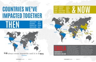 COUNTRIES WE’VE
IMPACTED TOGETHER
THEN
UNITED STATES
GUATEMALA
BURKINA FASO
SOUTH AFRICA
— Nelson Mandela —
HAITI
BRAZIL
GHANA
INDIA
ANGOLA
CONGO
CHINA
KENYA
LIBERIA
SOMALIA
SYRIA
TURKEY
TRINIDAD
INDONESIA
JAMAICA
SOUTH SUDAN
SIERRA LEONE & NOW
UNITED STATES
BRAZIL
GUATEMALA
HAITI
BURKINA FASO
GHANA
SOUTH AFRICA
INDIA
UNITED STATES
BRAZIL
GUATEMALA
HAITI
BURKINA FASO
GHANA
SOUTH AFRICA
INDIA
SYRIA
CHINA
INDONESIA
JAMAICA SIERRA LEONE
LIBERIA
SOMALIA
KENYA
SOUTH SUDAN
TURKEY
ANGOLA
CONGO
COMMITMENT TO
CONTAINMENT AND CURE
EBOLA
The Joseph Assignment made a
commitment to maintain a
consistent presence on the ground
in the countries confronted by
Ebola until the virus is contained
and cured. Since the beginning of
the crisis, The Joseph Assignment
has provided financial support and
continues to send medical supplies,
equipment, and PPE kits to aid
health care workers to combat this
deadly virus. With great
thanksgiving in our hearts, to date
Liberia and Sierra Leone have been
declared Ebola free! To all of our
donors and partners, thank you for
joining us in the fight. Guinea is
still in the fight and so are we.
THE JOSEPH ASSIGNMENT Global Initiative Annual Report P. 13|THE JOSEPH ASSIGNMENT Global Initiative Annual Report P. 12|
It always seems impossible until it is done.
 
