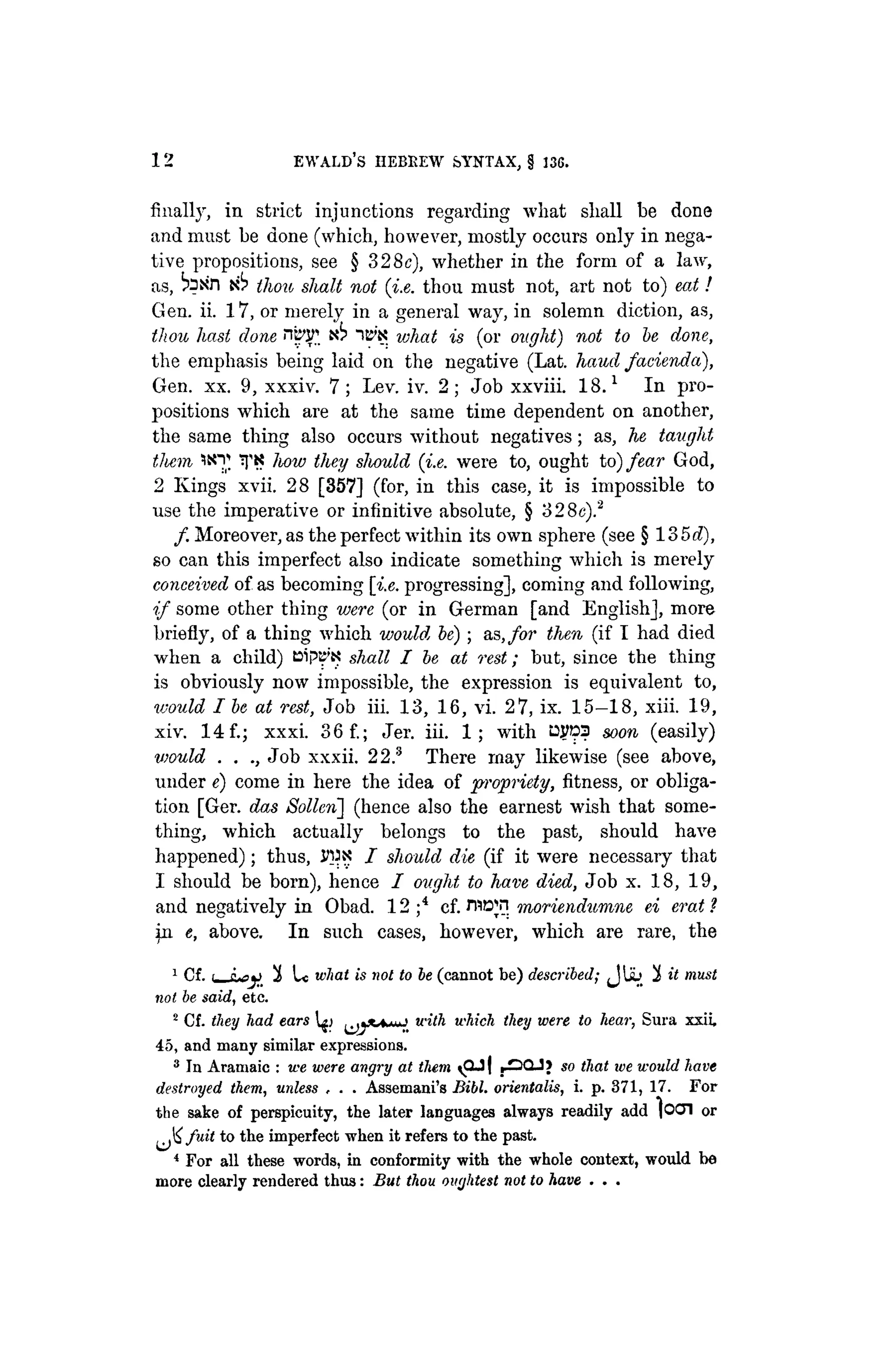 12 EWALD'S HEBREW SYNTAX, § 136.
finally, in strict injunctions regarding what shall be done
and must he done (which, however, mostly occurs only in nega-
tive propositions, see § 328c), whether in the form of a law,
as, ^ x n t6 thou, slialt not (i.e. thou must not, art not to) eat!
Gen. ii. 17, or merely in a general way, in solemn diction, as,
thou hast done nb>JT "ic'N what is (or ought) not to be done,
the emphasis being laid on the negative (Lat. haud facienda),
Gen. xx. 9, xxxiv. 7; Lev. iv. 2; Job xxviii. 18.1
In pro-
positions which are at the same time dependent on another,
the same thing also occurs without negatives; as, he taught
them WV iJ'K how they should (i.e. were to, ought to) fear God,
2 Kings xvii. 28 [357] (for, in this case, it is impossible to
use the imperative or infinitive absolute, § 328c).2
f . Moreover, as the perfect within its own sphere (see § 13 bd),
so can this imperfect also indicate something which is merely
conceived of as becoming [i.e. progressing], coming and following,
if some other thing were (or in German [and English], more
briefly, of a thing which would, he); as, for then (if I had died
when a child) ttipB»« shall I be at rest; but, since the thing
is obviously now impossible, the expression is equivalent to,
would I be at rest, Job iii. 13, 16, vi. 27, ix. 15—18, xiii. 19,
xiv. 14 f.; xxxi. 36f.; Jer. iii. 1; with soon (easily)
would . . Job xxxii. 22.3
There may likewise (see above,
under e) come in here the idea of propriety, fitness, or obliga-
tion [Ger. das Sollen] (hence also the earnest wish that some-
thing, which actually belongs to the past, should have
happened); thus, Wix I should die (if it were necessary that
I should be born), hence I ought to have died, Job x. 18, 19,
and negatively in Obad. 12 ;4
cf. n ^ n moriendumne ei erat?
in t, above. In such cases, however, which are rare, the
1
Cf. i p-^i 1 Lc what is not to be (cannot be) described; J U j 1 it must
not be said, etc.
2
Cf. tliey had ears l^j with which they were to hear, Sura xxii,
45, and many similar expressions.
3
In Aramaic : we were angry at them <QJ| . *~)0 so that we would have
destroyed them, unless , . . Assemani's Bibl. orientalis, i. p. 371, 17. For
the sake of perspicuity, the later languages always readily add ]ocn or
^^ fuit to the imperfect when it refers to the past.
4
For all these words, in conformity with the whole context, would be
more clearly rendered thus: But thou ouyhtest not to have . . .
 