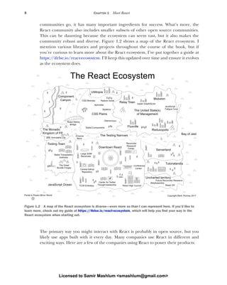 8 CHAPTER 1 Meet React
communities go, it has many important ingredients for success. What’s more, the
React community also includes smaller subsets of other open source communities.
This can be daunting because the ecosystem can seem vast, but it also makes the
community robust and diverse. Figure 1.2 shows a map of the React ecosystem. I
mention various libraries and projects throughout the course of the book, but if
you’re curious to learn more about the React ecosystem, I’ve put together a guide at
https:/
/ifelse.io/react-ecosystem. I’ll keep this updated over time and ensure it evolves
as the ecosystem does.
The primary way you might interact with React is probably in open source, but you
likely use apps built with it every day. Many companies use React in different and
exciting ways. Here are a few of the companies using React to power their products:
Portal to Preact Mirror World
JavaScript Ocean
Bay of Jest
The United State(s)
of Management
Fluxville
Reduxopolis
Mobxton
JavaScript
Fatigue Cove
Upper GraphQLton
Relay Town
Utilitopia
The Monadic
Kingdom of FP
Immutable City
Tutorialandia
React VR
WebAssembly
Future Reconciler Research
Uncharted territory
Tooling Town
Babel Transpilation
Institutes
The Great
Bundle Forges
CSS Plains
Styled Components
CSS Modules
Glamor(ous)
Aphrodite
Styletron
Radium forest
Downtown React
TC39 Embassy
Center for Twitter
Thought-leadership React High Council
Conference
Center
Reconciler
Research
Center
Large DOM
Reconciler
Central Github
Repository
Serverland
The Testing Narrows
Enzyme
Bend
Component
Canyon
React Native
Bridge
The React Ecosystem
Copyright Mark Thomas 2017
Figure 1.2 A map of the React ecosystem is diverse—even more so than I can represent here. If you’d like to
learn more, check out my guide at https:/
/ifelse.io/react-ecosystem, which will help you find your way in the
React ecosystem when starting out.
Licensed to Samir Mashlum <smashlum@gmail.com>
 