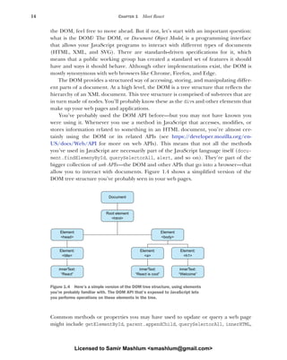 14 CHAPTER 1 Meet React
the DOM, feel free to move ahead. But if not, let’s start with an important question:
what is the DOM? The DOM, or Document Object Model, is a programming interface
that allows your JavaScript programs to interact with different types of documents
(HTML, XML, and SVG). There are standards-driven specifications for it, which
means that a public working group has created a standard set of features it should
have and ways it should behave. Although other implementations exist, the DOM is
mostly synonymous with web browsers like Chrome, Firefox, and Edge.
The DOM provides a structured way of accessing, storing, and manipulating differ-
ent parts of a document. At a high level, the DOM is a tree structure that reflects the
hierarchy of an XML document. This tree structure is comprised of sub-trees that are
in turn made of nodes. You’ll probably know these as the divs and other elements that
make up your web pages and applications.
You’ve probably used the DOM API before—but you may not have known you
were using it. Whenever you use a method in JavaScript that accesses, modifies, or
stores information related to something in an HTML document, you’re almost cer-
tainly using the DOM or its related APIs (see https:/
/developer.mozilla.org/en-
US/docs/Web/API for more on web APIs). This means that not all the methods
you’ve used in JavaScript are necessarily part of the JavaScript language itself (docu-
ment.findElemenyById, querySelectorAll, alert, and so on). They’re part of the
bigger collection of web APIs—the DOM and other APIs that go into a browser—that
allow you to interact with documents. Figure 1.4 shows a simplified version of the
DOM tree structure you’ve probably seen in your web pages.
Common methods or properties you may have used to update or query a web page
might include getElementById, parent.appendChild, querySelectorAll, innerHTML,
Element:
<title>
Element
<head>
innerText:
“React”
Document
Root element
<html>
Element:
<a>
innerText:
“React is cool”
Element:
<h1>
innerText:
“Welcome”
Element
<body>
Figure 1.4 Here’s a simple version of the DOM tree structure, using elements
you’re probably familiar with. The DOM API that’s exposed to JavaScript lets
you performs operations on these elements in the tree.
Licensed to Samir Mashlum <smashlum@gmail.com>
 