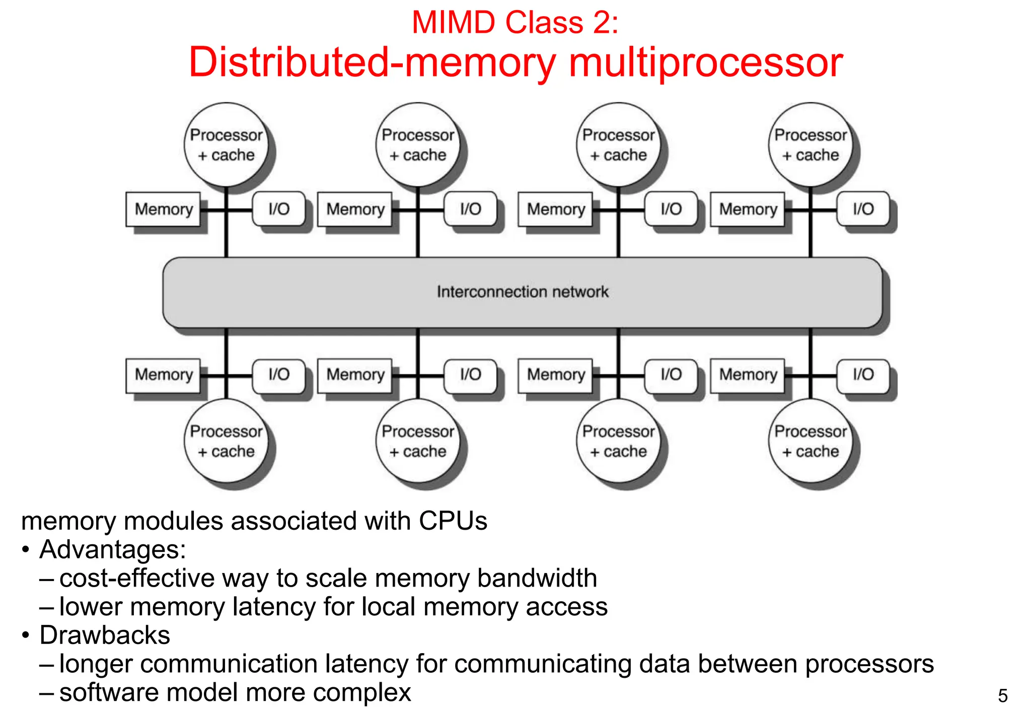 5
MIMD Class 2:
Distributed-memory multiprocessor
memory modules associated with CPUs
• Advantages:
– cost-effective way to scale memory bandwidth
– lower memory latency for local memory access
• Drawbacks
– longer communication latency for communicating data between processors
– software model more complex
 