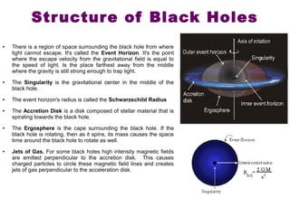 Structure of Black Holes 
● There is a region of space surrounding the black hole from where 
light cannot escape. It's called the Event Horizon. It's the point 
where the escape velocity from the gravitational field is equal to 
the speed of light. Is the place farthest away from the middle 
where the gravity is still strong enough to trap light. 
● The Singularity is the gravitational center in the middle of the 
black hole. 
● The event horizon's radius is called the Schwarzschild Radius 
● The Accretion Disk is a disk composed of stellar material that is 
spiraling towards the black hole. 
● The Ergosphere is the cape surrounding the black hole. If the 
black hole is rotating, then as it spins, its mass causes the space 
time around the black hole to rotate as well. 
● Jets of Gas. For some black holes high intensity magnetic fields 
are emitted perpendicular to the accretion disk. This causes 
charged particles to circle these magnetic field lines and creates 
jets of gas perpendicular to the acceleration disk. 
 