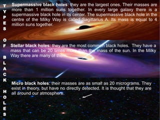 T 
Y 
P 
E 
S 
O 
F 
B 
L 
A 
C 
K 
H 
O 
L 
E 
S 
Supermassive black holes: they are the largest ones. Their masses are 
more than 1 million suns together. In every large galaxy there is a 
supermassive black hole in its center. The supermassive black hole in the 
centre of the Milky Way is called Sagittarius A. Its mass is equal to 4 
million suns together. 
Stellar black holes: they are the most common black holes. They have a 
mass that can be 20 times more than the mass of the sun. In the Milky 
Way there are many of them. 
● Micro black holes: their masses are as small as 20 micrograms. They 
exist in theory, but have no directly detected. It is thought that they are 
all around our atmosphere. 
 