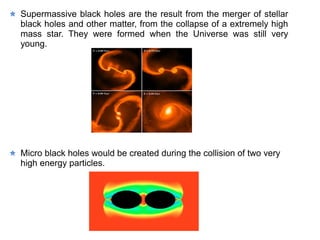 Supermassive black holes are the result from the merger of stellar 
black holes and other matter, from the collapse of a extremely high 
mass star. They were formed when the Universe was still very 
young. 
Micro black holes would be created during the collision of two very 
high energy particles. 
 