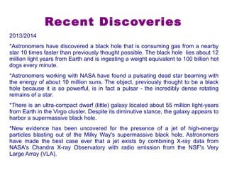 Recent Discoveries 
2013/2014 
*Astronomers have discovered a black hole that is consuming gas from a nearby 
star 10 times faster than previously thought possible. The black hole lies about 12 
million light years from Earth and is ingesting a weight equivalent to 100 billion hot 
dogs every minute. 
*Astronomers working with NASA have found a pulsating dead star beaming with 
the energy of about 10 million suns. The object, previously thought to be a black 
hole because it is so powerful, is in fact a pulsar - the incredibly dense rotating 
remains of a star. 
*There is an ultra-compact dwarf (little) galaxy located about 55 million light-years 
from Earth in the Virgo cluster. Despite its diminutive stance, the galaxy appears to 
harbor a supermassive black hole. 
*New evidence has been uncovered for the presence of a jet of high-energy 
particles blasting out of the Milky Way's supermassive black hole. Astronomers 
have made the best case ever that a jet exists by combining X-ray data from 
NASA's Chandra X-ray Observatory with radio emission from the NSF's Very 
Large Array (VLA). 
 