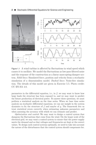 2  Stochastic Differential Equations for Science and Engineering
q
0
m
k
c
F
      





)RUFH
      
í



3RVLWLRQ
      
í


7LPH
9HORFLW
Figure 1.1 A wind turbine is aﬀected by ﬂuctuations in wind speed which
causes it to oscillate. We model the ﬂuctuations as low-pass ﬁltered noise
and the response of the construction as a linear mass-spring-damper sys-
tem. Solid lines: Simulated force, position and velocity from a stochastic
simulation of a dimensionless model. Dashed lines: Noise-free simula-
tion. The details of this model are given in Exercise 5.5. Photo credit:
CC BY-SA 4.0.
parameters in the diﬀerential equation, i.e., in f; we may want to know how
large loads the structure has been exposed to, and we may want to predict
the future production of electrical power. To answer these questions, we must
perform a statistical analysis on the time series. When we base time series
analysis on stochastic diﬀerential equations, we can use insight in the system
dynamics to ﬁx the structure of f and maybe of g. The framework lets us
treat statistical errors correctly when estimating unknown parameters and
when assessing the accuracy with which we can estimate and predict.
Optimization and control: We may want to design a control system that
dampens the ﬂuctuations that come from the wind. On the larger scale of the
electrical grid, we may want a control system to ensure that the power supply
meets the demand and so that voltages and frequencies are kept at the correct
values. To design such control systems optimally, we need to take into account
the nature of the disturbances that the control system should compensate for.
 