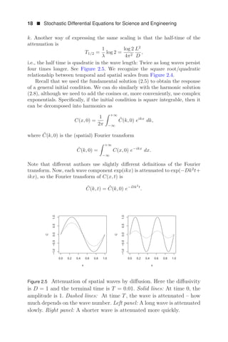18  Stochastic Differential Equations for Science and Engineering
k. Another way of expressing the same scaling is that the half-time of the
attenuation is
T1/2 =
1
λ
log 2 =
log 2
4π2
L2
D
,
i.e., the half time is quadratic in the wave length: Twice as long waves persist
four times longer. See Figure 2.5. We recognize the square root/quadratic
relationship between temporal and spatial scales from Figure 2.4.
Recall that we used the fundamental solution (2.5) to obtain the response
of a general initial condition. We can do similarly with the harmonic solution
(2.8), although we need to add the cosines or, more conveniently, use complex
exponentials. Speciﬁcally, if the initial condition is square integrable, then it
can be decomposed into harmonics as
C(x, 0) =
1
2π
 +∞
−∞
C̃(k, 0) eikx
dk,
where C̃(k, 0) is the (spatial) Fourier transform
C̃(k, 0) =
 +∞
−∞
C(x, 0) e−ikx
dx.
Note that diﬀerent authors use slightly diﬀerent deﬁnitions of the Fourier
transform. Now, each wave component exp(ikx) is attenuated to exp(−Dk2
t+
ikx), so the Fourier transform of C(x, t) is
C̃(k, t) = C̃(k, 0) e−Dk2
t
.
     
í
í



[

     
í
í



[

Figure 2.5 Attenuation of spatial waves by diﬀusion. Here the diﬀusivity
is D = 1 and the terminal time is T = 0.01. Solid lines: At time 0, the
amplitude is 1. Dashed lines: At time T, the wave is attenuated – how
much depends on the wave number. Left panel: A long wave is attenuated
slowly. Right panel: A shorter wave is attenuated more quickly.
 