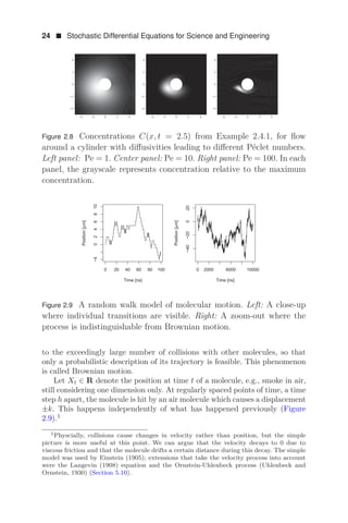 24  Stochastic Differential Equations for Science and Engineering
4 2 0 2 4
4
2
0
2
4
4 2 0 2 4
4
2
0
2
4
4 2 0 2 4
4
2
0
2
4
Figure 2.8 Concentrations C(x, t = 2.5) from Example 2.4.1, for ﬂow
around a cylinder with diﬀusivities leading to diﬀerent Péclet numbers.
Left panel: Pe = 1. Center panel: Pe = 10. Right panel: Pe = 100. In each
panel, the grayscale represents concentration relative to the maximum
concentration.
     
í






7LPHQV@
3RVLWLRQμP@
   
í
í


7LPHQV@
3RVLWLRQμP@
Figure 2.9 A random walk model of molecular motion. Left: A close-up
where individual transitions are visible. Right: A zoom-out where the
process is indistinguishable from Brownian motion.
to the exceedingly large number of collisions with other molecules, so that
only a probabilistic description of its trajectory is feasible. This phenomenon
is called Brownian motion.
Let Xt ∈ R denote the position at time t of a molecule, e.g., smoke in air,
still considering one dimension only. At regularly spaced points of time, a time
step h apart, the molecule is hit by an air molecule which causes a displacement
±k. This happens independently of what has happened previously (Figure
2.9).1
1Physcially, collisions cause changes in velocity rather than position, but the simple
picture is more useful at this point. We can argue that the velocity decays to 0 due to
viscous friction and that the molecule drifts a certain distance during this decay. The simple
model was used by Einstein (1905); extensions that take the velocity process into account
were the Langevin (1908) equation and the Ornstein-Uhlenbeck process (Uhlenbeck and
Ornstein, 1930) (Section 5.10).
 