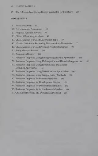 xii
Gale
ILLUSTRATIONS
The Solomon Four-Group Design as adapted for this study 259
WORKSHEETS
doe
12
PN,
Saks
4.1,
4.2.
4.3.
oe
6.1.
Zale
Likes
Soh.
8
wale
9.2.
92:
9.4.
9:3.
LO a:
Self-Assessment 10
Environmental Assessment 13
Proposal Function Review — 30
Chain of Reasoning Analysis 42
Characteristics of a Good Dissertation Topic . 69
What to Look for in Reviewing Literature fora Dissertation 71
Characteristics of aGood Proposal Problem Statement 73
Study Methods Review 100
Assurances Review 118
Review of Proposals Using Emergent Qualitative Approaches 136
Review of Proposals Using Philosophical and Historical Approaches
Review of Proposals Using Experimental and Causal
Modeling Approaches — 155
Review of Proposals Using Meta-Analysis Approaches 162
Review of Proposals Using Sample Survey Methods 172
Review of Proposals for Evaluation Studies 180
Review of Proposals for Development Studies 185
Review of Proposals for Demonstration Studies 190
Review of Proposals for Action Research Studies 194
Checklist of Sections of a Dissertation Proposal 203
142
 
