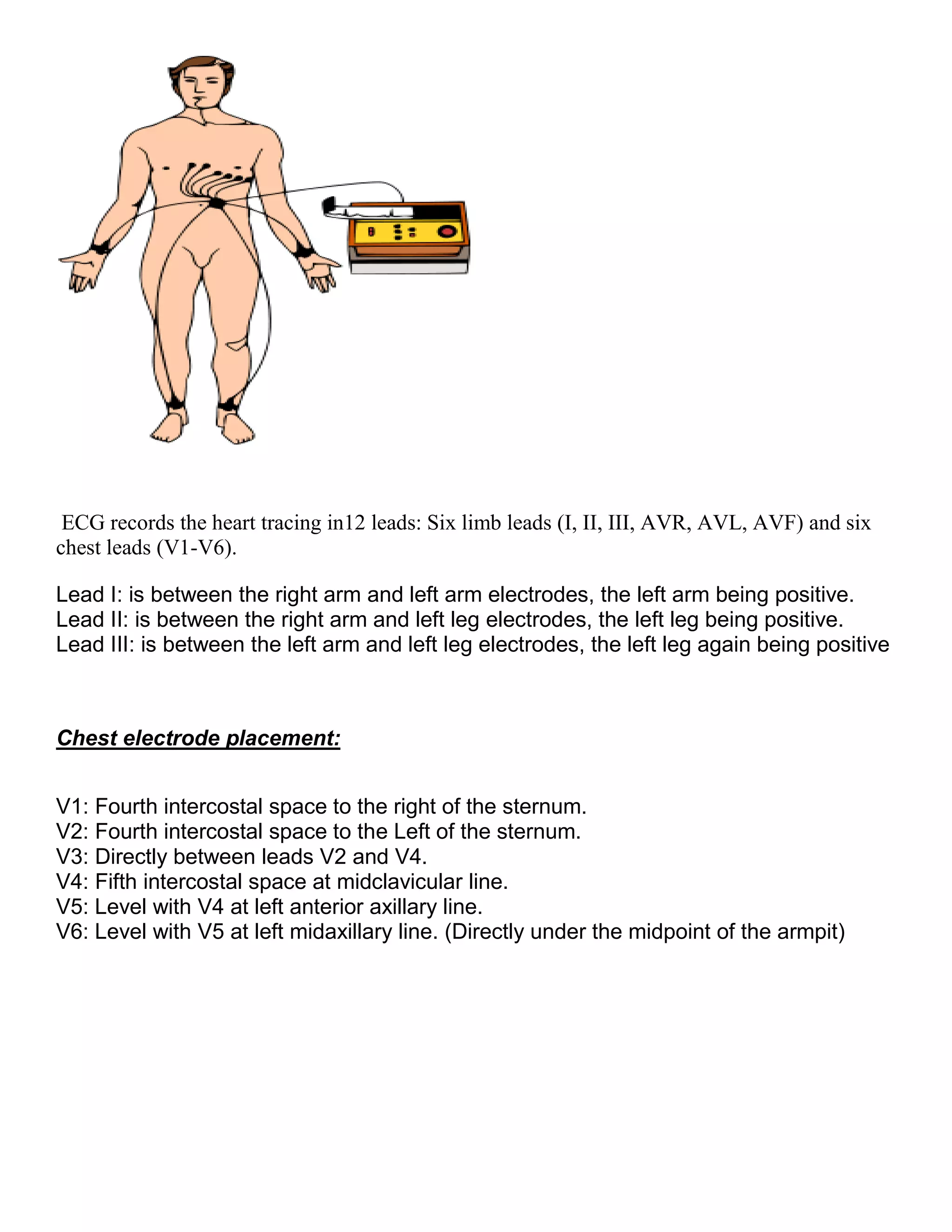 ECG records the heart tracing in12 leads: Six limb leads (I, II, III, AVR, AVL, AVF) and six
chest leads (V1-V6).
Lead I: is between the right arm and left arm electrodes, the left arm being positive.
Lead II: is between the right arm and left leg electrodes, the left leg being positive.
Lead III: is between the left arm and left leg electrodes, the left leg again being positive
Chest electrode placement:
V1: Fourth intercostal space to the right of the sternum.
V2: Fourth intercostal space to the Left of the sternum.
V3: Directly between leads V2 and V4.
V4: Fifth intercostal space at midclavicular line.
V5: Level with V4 at left anterior axillary line.
V6: Level with V5 at left midaxillary line. (Directly under the midpoint of the armpit)
 
