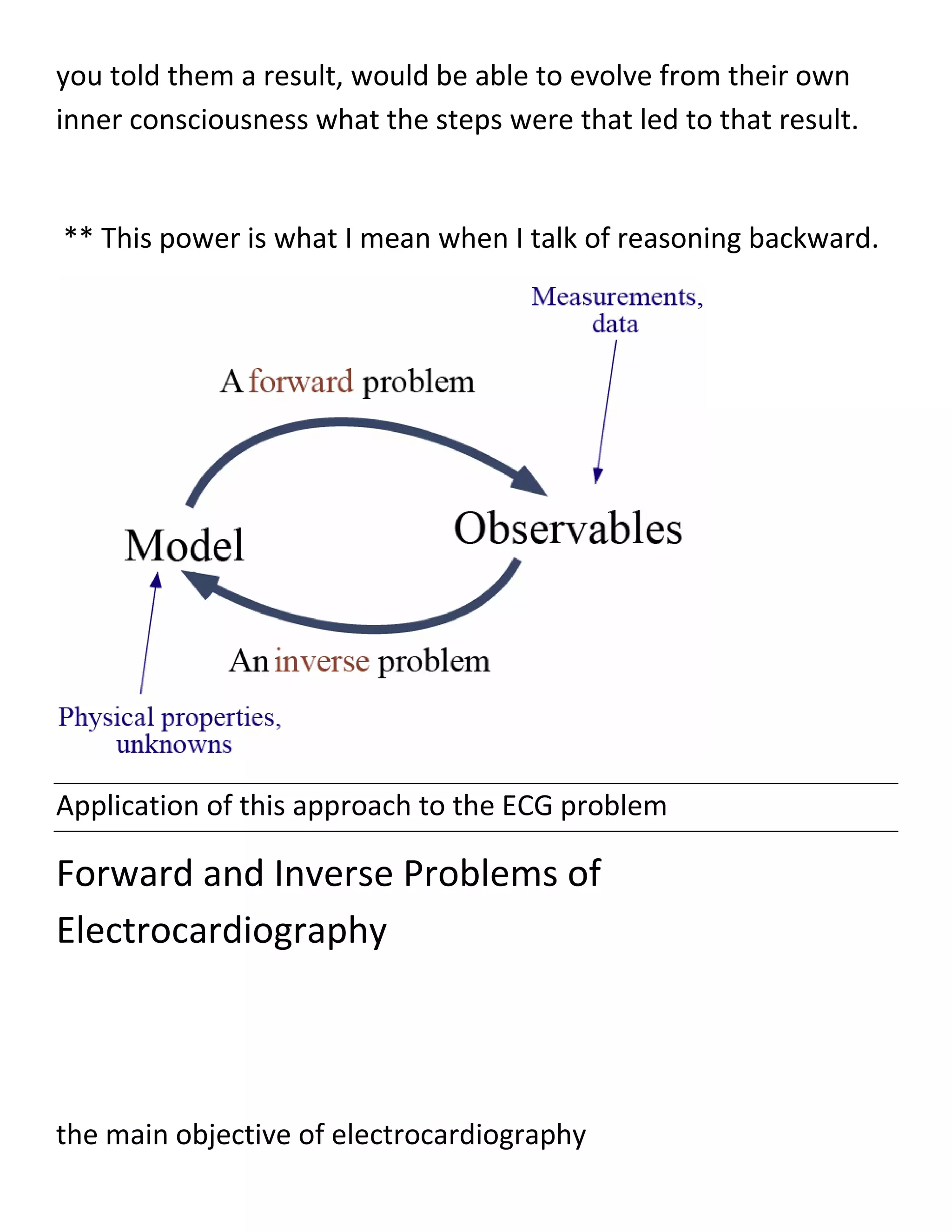 you told them a result, would be able to evolve from their own
inner consciousness what the steps were that led to that result.
** This power is what I mean when I talk of reasoning backward.
Application of this approach to the ECG problem
Forward and Inverse Problems of
Electrocardiography
the main objective of electrocardiography
 