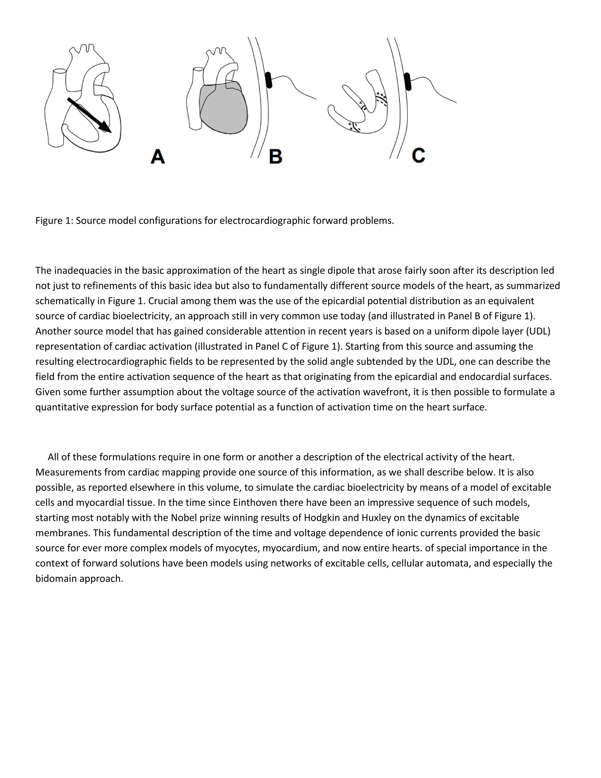 Figure 1: Source model configurations for electrocardiographic forward problems.
The inadequacies in the basic approximation of the heart as single dipole that arose fairly soon after its description led
not just to refinements of this basic idea but also to fundamentally different source models of the heart, as summarized
schematically in Figure 1. Crucial among them was the use of the epicardial potential distribution as an equivalent
source of cardiac bioelectricity, an approach still in very common use today (and illustrated in Panel B of Figure 1).
Another source model that has gained considerable attention in recent years is based on a uniform dipole layer (UDL)
representation of cardiac activation (illustrated in Panel C of Figure 1). Starting from this source and assuming the
resulting electrocardiographic fields to be represented by the solid angle subtended by the UDL, one can describe the
field from the entire activation sequence of the heart as that originating from the epicardial and endocardial surfaces.
Given some further assumption about the voltage source of the activation wavefront, it is then possible to formulate a
quantitative expression for body surface potential as a function of activation time on the heart surface.
All of these formulations require in one form or another a description of the electrical activity of the heart.
Measurements from cardiac mapping provide one source of this information, as we shall describe below. It is also
possible, as reported elsewhere in this volume, to simulate the cardiac bioelectricity by means of a model of excitable
cells and myocardial tissue. In the time since Einthoven there have been an impressive sequence of such models,
starting most notably with the Nobel prize winning results of Hodgkin and Huxley on the dynamics of excitable
membranes. This fundamental description of the time and voltage dependence of ionic currents provided the basic
source for ever more complex models of myocytes, myocardium, and now entire hearts. of special importance in the
context of forward solutions have been models using networks of excitable cells, cellular automata, and especially the
bidomain approach.
 