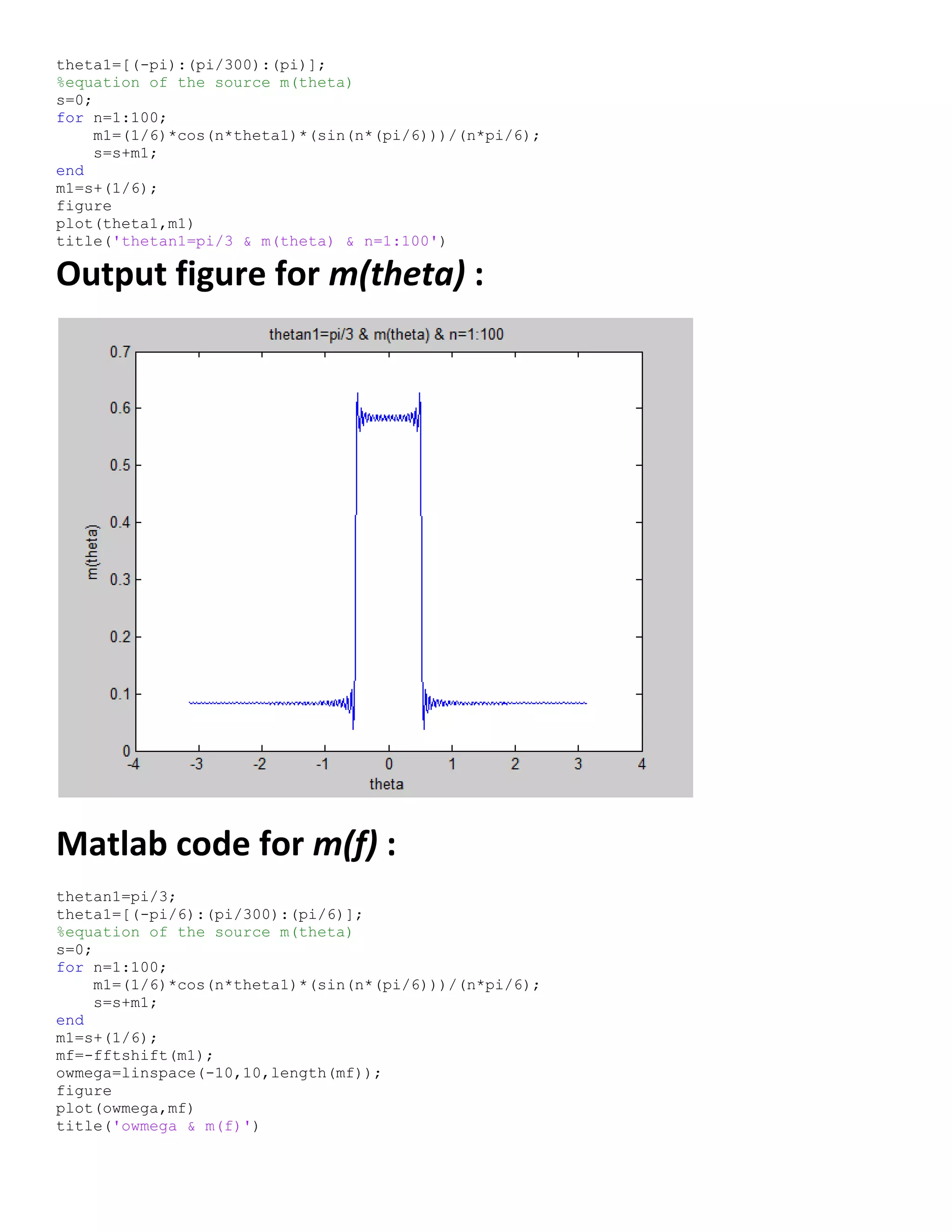 theta1=[(-pi):(pi/300):(pi)];
%equation of the source m(theta)
s=0;
for n=1:100;
m1=(1/6)*cos(n*theta1)*(sin(n*(pi/6)))/(n*pi/6);
s=s+m1;
end
m1=s+(1/6);
figure
plot(theta1,m1)
title('thetan1=pi/3 & m(theta) & n=1:100')
Output figure for m(theta) :
Matlab code for m(f) :
thetan1=pi/3;
theta1=[(-pi/6):(pi/300):(pi/6)];
%equation of the source m(theta)
s=0;
for n=1:100;
m1=(1/6)*cos(n*theta1)*(sin(n*(pi/6)))/(n*pi/6);
s=s+m1;
end
m1=s+(1/6);
mf=-fftshift(m1);
owmega=linspace(-10,10,length(mf));
figure
plot(owmega,mf)
title('owmega & m(f)')
 