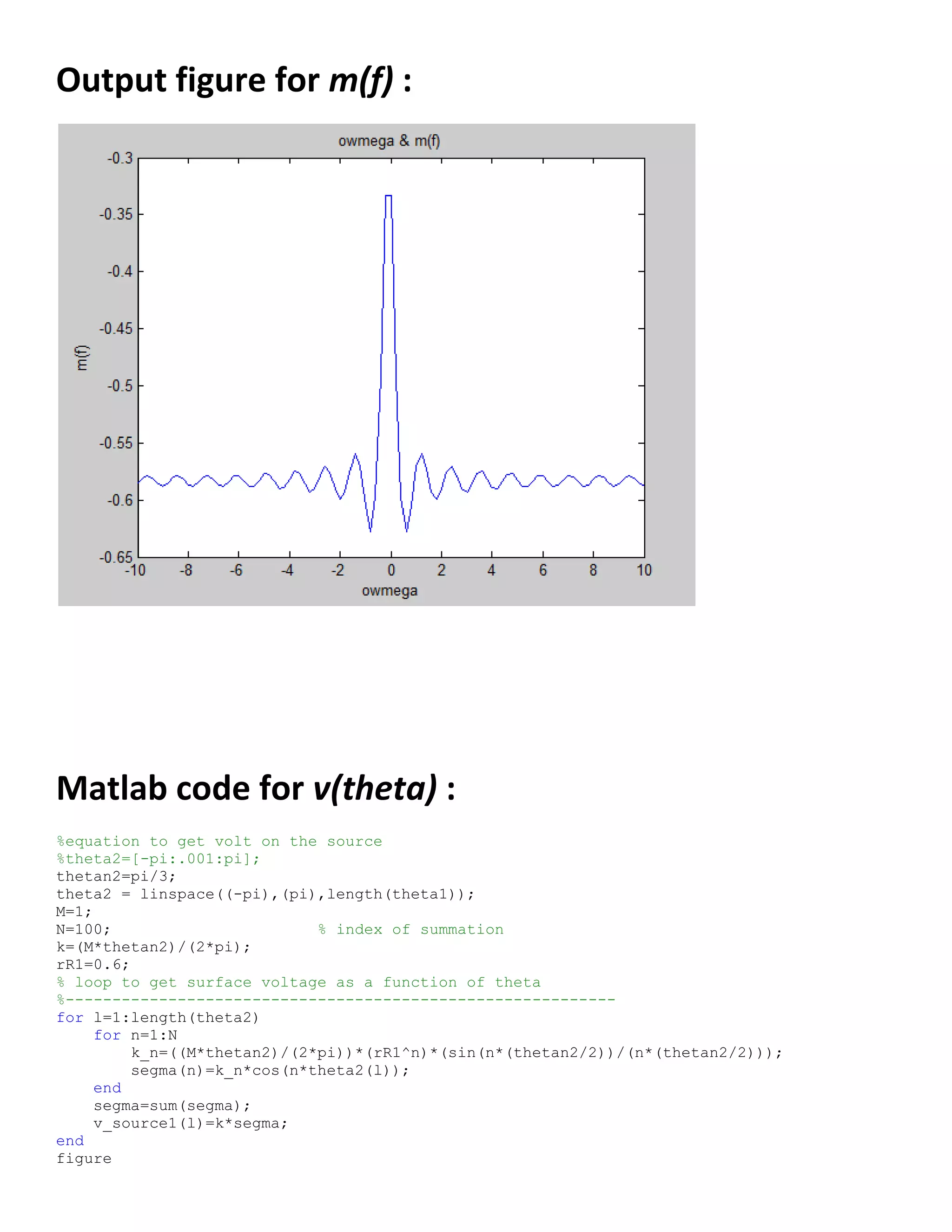 Output figure for m(f) :
Matlab code for v(theta) :
%equation to get volt on the source
%theta2=[-pi:.001:pi];
thetan2=pi/3;
theta2 = linspace((-pi),(pi),length(theta1));
M=1;
N=100; % index of summation
k=(M*thetan2)/(2*pi);
rR1=0.6;
% loop to get surface voltage as a function of theta
%-----------------------------------------------------------
for l=1:length(theta2)
for n=1:N
k_n=((M*thetan2)/(2*pi))*(rR1^n)*(sin(n*(thetan2/2))/(n*(thetan2/2)));
segma(n)=k_n*cos(n*theta2(l));
end
segma=sum(segma);
v_source1(l)=k*segma;
end
figure
 