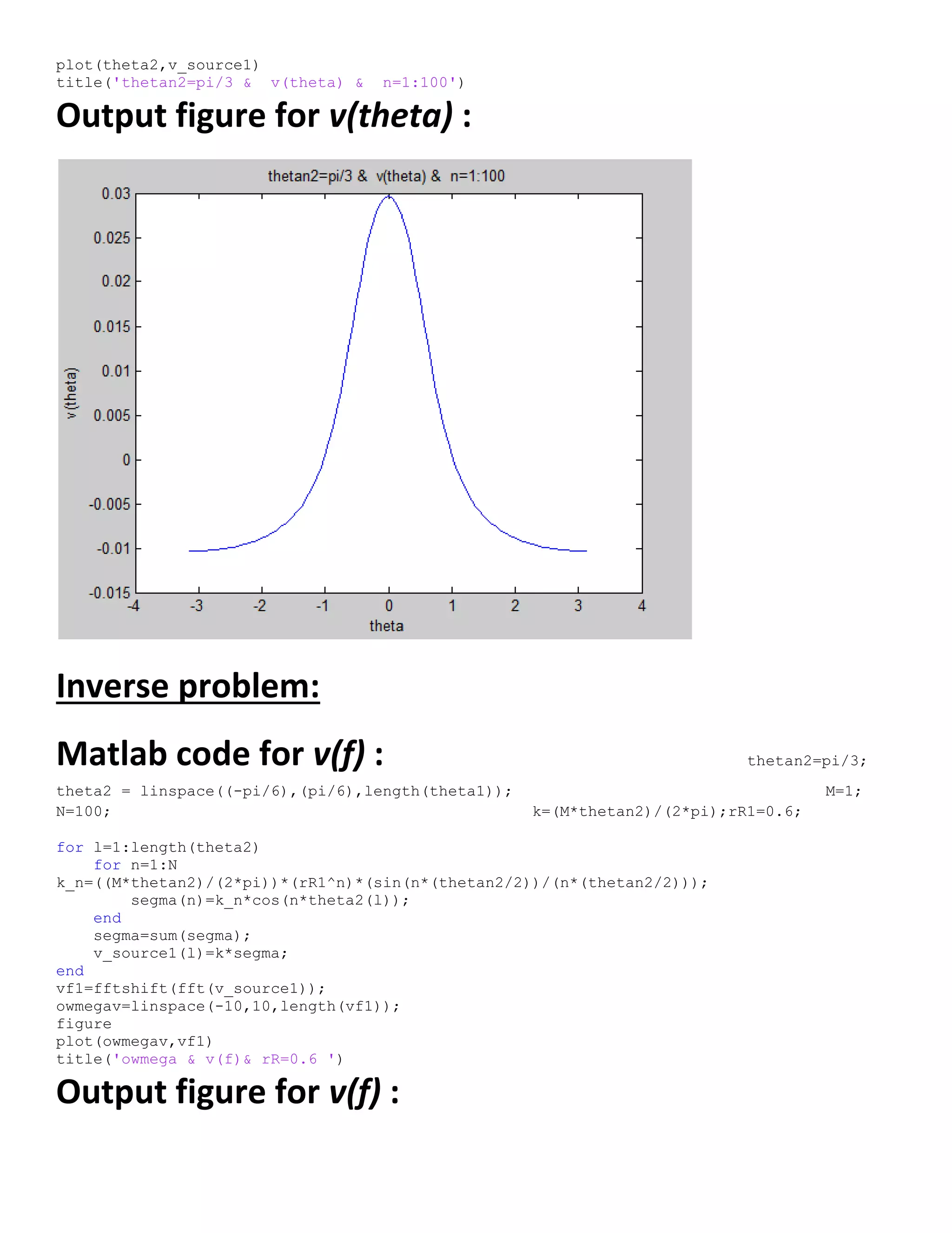 plot(theta2,v_source1)
title('thetan2=pi/3 & v(theta) & n=1:100')
Output figure for v(theta) :
Inverse problem:
Matlab code for v(f) : thetan2=pi/3;
theta2 = linspace((-pi/6),(pi/6),length(theta1)); M=1;
N=100; k=(M*thetan2)/(2*pi);rR1=0.6;
for l=1:length(theta2)
for n=1:N
k_n=((M*thetan2)/(2*pi))*(rR1^n)*(sin(n*(thetan2/2))/(n*(thetan2/2)));
segma(n)=k_n*cos(n*theta2(l));
end
segma=sum(segma);
v_source1(l)=k*segma;
end
vf1=fftshift(fft(v_source1));
owmegav=linspace(-10,10,length(vf1));
figure
plot(owmegav,vf1)
title('owmega & v(f)& rR=0.6 ')
Output figure for v(f) :
 