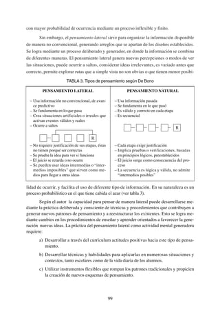con mayor probabilidad de ocurrencia mediante un proceso inflexible y finito.

        Sin embargo, el pensamiento lateral sirve para organizar la información disponible
de manera no convencional, generando arreglos que se apartan de los diseños establecidos.
Se logra mediante un proceso deliberado y generador, en donde la información se combina
de diferentes maneras. El pensamiento lateral genera nuevas percepciones o modos de ver
las situaciones, puede ocurrir a saltos, considerar ideas irrelevantes, es variado antes que
correcto, permite explorar rutas que a simple vista no son obvias o que tienen menor posibi-

                         TABLA 3. Tipos de pensamiento según De Bono

         PENSAMIENTO LATERAL                                     PENSAMIENTO NATURAL

  – Usa información no convencional, de avan-             – Usa información pasada
    ce predictivo                                         – Se fundamenta en lo que pasó
  – Se fundamenta en lo que pasa                          – Es válido y correcto en cada etapa
  – Crea situaciones artificiales o irreales que          – Es secuencial
    activan eventos válidos y reales
  – Ocurre a saltos



  – No requiere justificación de sus etapas, éstas        – Cada etapa exige justificación
    no tienen porqué ser correctas                        – Implica pruebas o verificaciones, basadas
  – Se prueba la idea para ver si funciona                  en principios lógicos, preestablecidos
  – El juicio se retarda o no ocurre                      – El juicio surge como consecuencia del pro-
  – Se pueden usar ideas intermedias o “inter-              ceso
    medios imposibles” que sirven como me-                – La secuencia es lógica y válida, no admite
    dios para llegar a otras ideas                          “intermedios posibles”


lidad de ocurrir, y facilita el uso de diferente tipo de información. En su naturaleza es un
proceso probabilístico en el que tiene cabida el azar (ver tabla 3).
       Según el autor la capacidad para pensar de manera lateral puede desarrollarse me-
diante la práctica deliberada y consciente de técnicas y procedimientos que contribuyen a
generar nuevos patrones de pensamiento y a reestructurar los existentes. Esto se logra me-
diante cambios en los procedimientos de enseñar y aprender orientados a favorecer la gene-
ración nuevas ideas. La práctica del pensamiento lateral como actividad mental generadora
requiere:
       a) Desarrollar a través del curriculum actitudes positivas hacia este tipo de pensa-
          miento.
       b) Desarrollar técnicas y habilidades para aplicarlas en numerosas situaciones y
          contextos, tanto escolares como de la vida diaria de los alumnos.
       c) Utilizar instrumentos flexibles que rompan los patrones tradicionales y propicien
          la creación de nuevos esquemas de pensamiento.




                                                     99
 