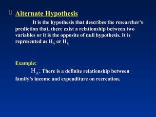  Alternate Hypothesis
It is the hypothesis that describes the researcher’s
prediction that, there exist a relationship between two
variables or it is the opposite of null hypothesis. It is
represented as HA or H1.
Example:
HA: There is a definite relationship between
family’s income and expenditure on recreation.
 