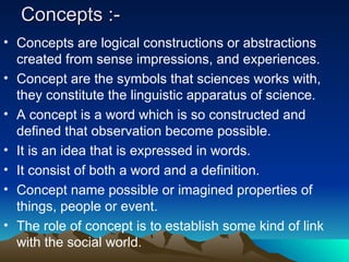 Concepts :-
Concepts :-
• Concepts are logical constructions or abstractions
created from sense impressions, and experiences.
• Concept are the symbols that sciences works with,
they constitute the linguistic apparatus of science.
• A concept is a word which is so constructed and
defined that observation become possible.
• It is an idea that is expressed in words.
• It consist of both a word and a definition.
• Concept name possible or imagined properties of
things, people or event.
• The role of concept is to establish some kind of link
with the social world.
 