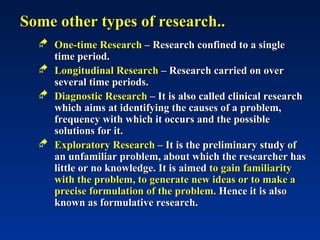 Some other types of research..
Some other types of research..
 One-time Research
One-time Research – Research confined to a single
– Research confined to a single
time period.
time period.
 Longitudinal Research
Longitudinal Research – Research carried on over
– Research carried on over
several time periods.
several time periods.
 Diagnostic Research
Diagnostic Research – It is also called clinical research
– It is also called clinical research
which aims at identifying the causes of a problem,
which aims at identifying the causes of a problem,
frequency with which it occurs and the possible
frequency with which it occurs and the possible
solutions for it.
solutions for it.
 Exploratory Research
Exploratory Research – It is the preliminary study of
– It is the preliminary study of
an unfamiliar problem, about which the researcher has
an unfamiliar problem, about which the researcher has
little or no knowledge. It is aimed
little or no knowledge. It is aimed to gain familiarity
to gain familiarity
with the problem, to generate new ideas or to make a
with the problem, to generate new ideas or to make a
precise formulation of the problem.
precise formulation of the problem. Hence it is also
Hence it is also
known as formulative research.
known as formulative research.
 