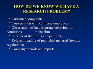 HOW DO WE KNOW WE HAVE A
HOW DO WE KNOW WE HAVE A
RESEARCH PROBLEM?
RESEARCH PROBLEM?
 Customer complaints
Customer complaints
 Conversation with company employees
Conversation with company employees
 Observation of inappropriate behaviour or
Observation of inappropriate behaviour or
conditions
conditions in the firm
in the firm
 Success of the firm’s competitor’s
Success of the firm’s competitor’s
 Relevant reading of published material (trends,
Relevant reading of published material (trends,
regulations)
regulations)
 Company records and reports
Company records and reports.
.
 