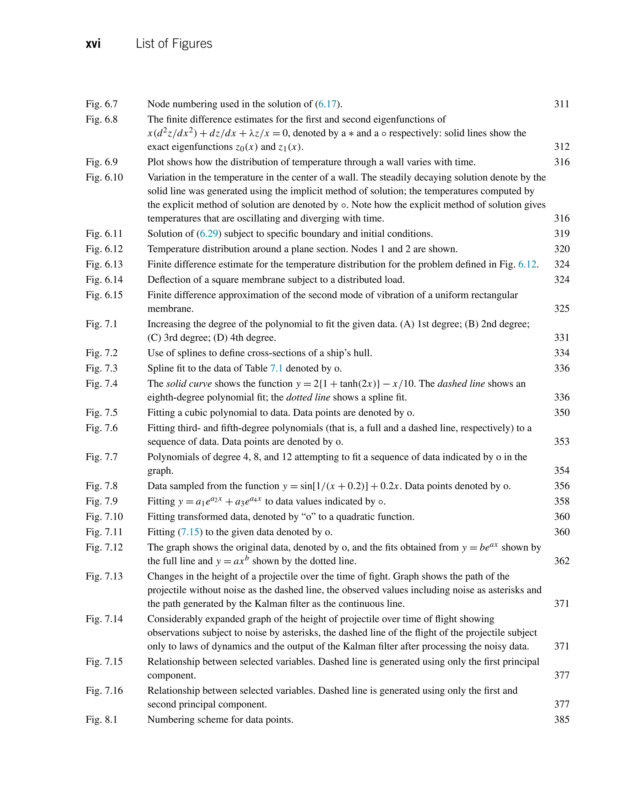 xvi List of Figures
Fig. 6.7 Node numbering used in the solution of (6.17). 311
Fig. 6.8 The finite difference estimates for the first and second eigenfunctions of
x(d2z/dx2) + dz/dx + λz/x = 0, denoted by a ∗ and a ◦ respectively: solid lines show the
exact eigenfunctions z0(x) and z1(x). 312
Fig. 6.9 Plot shows how the distribution of temperature through a wall varies with time. 316
Fig. 6.10 Variation in the temperature in the center of a wall. The steadily decaying solution denote by the
solid line was generated using the implicit method of solution; the temperatures computed by
the explicit method of solution are denoted by ◦. Note how the explicit method of solution gives
temperatures that are oscillating and diverging with time. 316
Fig. 6.11 Solution of (6.29) subject to specific boundary and initial conditions. 319
Fig. 6.12 Temperature distribution around a plane section. Nodes 1 and 2 are shown. 320
Fig. 6.13 Finite difference estimate for the temperature distribution for the problem defined in Fig. 6.12. 324
Fig. 6.14 Deflection of a square membrane subject to a distributed load. 324
Fig. 6.15 Finite difference approximation of the second mode of vibration of a uniform rectangular
membrane. 325
Fig. 7.1 Increasing the degree of the polynomial to fit the given data. (A) 1st degree; (B) 2nd degree;
(C) 3rd degree; (D) 4th degree. 331
Fig. 7.2 Use of splines to define cross-sections of a ship’s hull. 334
Fig. 7.3 Spline fit to the data of Table 7.1 denoted by o. 336
Fig. 7.4 The solid curve shows the function y = 2{1 + tanh(2x)} − x/10. The dashed line shows an
eighth-degree polynomial fit; the dotted line shows a spline fit. 336
Fig. 7.5 Fitting a cubic polynomial to data. Data points are denoted by o. 350
Fig. 7.6 Fitting third- and fifth-degree polynomials (that is, a full and a dashed line, respectively) to a
sequence of data. Data points are denoted by o. 353
Fig. 7.7 Polynomials of degree 4, 8, and 12 attempting to fit a sequence of data indicated by o in the
graph. 354
Fig. 7.8 Data sampled from the function y = sin[1/(x + 0.2)] + 0.2x. Data points denoted by o. 356
Fig. 7.9 Fitting y = a1ea2x + a3ea4x to data values indicated by ◦. 358
Fig. 7.10 Fitting transformed data, denoted by “o” to a quadratic function. 360
Fig. 7.11 Fitting (7.15) to the given data denoted by o. 360
Fig. 7.12 The graph shows the original data, denoted by o, and the fits obtained from y = beax shown by
the full line and y = axb shown by the dotted line. 362
Fig. 7.13 Changes in the height of a projectile over the time of fight. Graph shows the path of the
projectile without noise as the dashed line, the observed values including noise as asterisks and
the path generated by the Kalman filter as the continuous line. 371
Fig. 7.14 Considerably expanded graph of the height of projectile over time of flight showing
observations subject to noise by asterisks, the dashed line of the flight of the projectile subject
only to laws of dynamics and the output of the Kalman filter after processing the noisy data. 371
Fig. 7.15 Relationship between selected variables. Dashed line is generated using only the first principal
component. 377
Fig. 7.16 Relationship between selected variables. Dashed line is generated using only the first and
second principal component. 377
Fig. 8.1 Numbering scheme for data points. 385
 