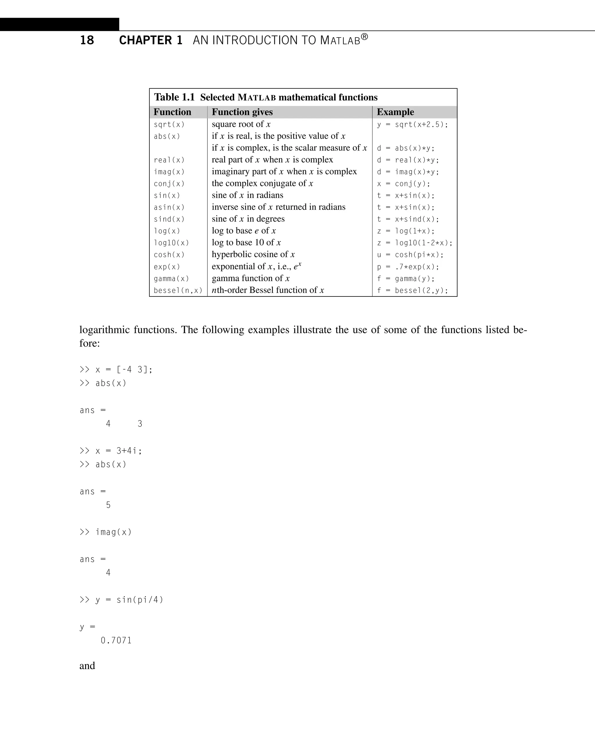 18 CHAPTER 1 AN INTRODUCTION TO MATLAB®
Table 1.1 Selected MATLAB mathematical functions
Function Function gives Example
sqrt(x) square root of x y = sqrt(x+2.5);
abs(x) if x is real, is the positive value of x
if x is complex, is the scalar measure of x d = abs(x)*y;
real(x) real part of x when x is complex d = real(x)*y;
imag(x) imaginary part of x when x is complex d = imag(x)*y;
conj(x) the complex conjugate of x x = conj(y);
sin(x) sine of x in radians t = x+sin(x);
asin(x) inverse sine of x returned in radians t = x+sin(x);
sind(x) sine of x in degrees t = x+sind(x);
log(x) log to base e of x z = log(1+x);
log10(x) log to base 10 of x z = log10(1-2*x);
cosh(x) hyperbolic cosine of x u = cosh(pi*x);
exp(x) exponential of x, i.e., ex p = .7*exp(x);
gamma(x) gamma function of x f = gamma(y);
bessel(n,x) nth-order Bessel function of x f = bessel(2,y);
logarithmic functions. The following examples illustrate the use of some of the functions listed be-
fore:
 x = [-4 3];
 abs(x)
ans =
4 3
 x = 3+4i;
 abs(x)
ans =
5
 imag(x)
ans =
4
 y = sin(pi/4)
y =
0.7071
and
 