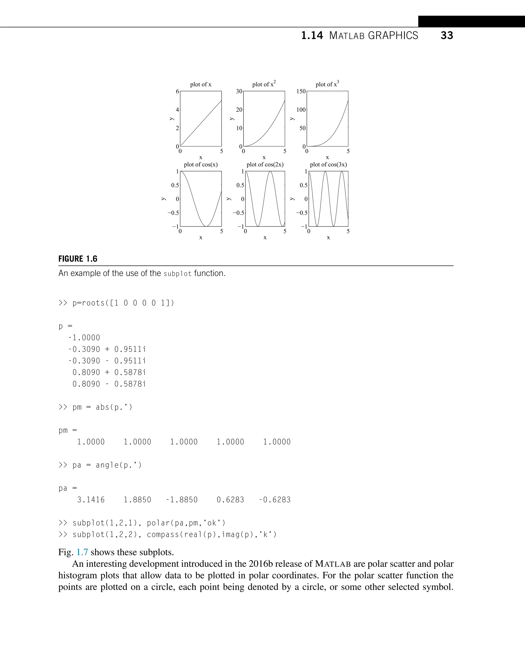 1.14 MATLAB GRAPHICS 33
FIGURE 1.6
An example of the use of the subplot function.
 p=roots([1 0 0 0 0 1])
p =
-1.0000
-0.3090 + 0.9511i
-0.3090 - 0.9511i
0.8090 + 0.5878i
0.8090 - 0.5878i
 pm = abs(p.’)
pm =
1.0000 1.0000 1.0000 1.0000 1.0000
 pa = angle(p.’)
pa =
3.1416 1.8850 -1.8850 0.6283 -0.6283
 subplot(1,2,1), polar(pa,pm,’ok’)
 subplot(1,2,2), compass(real(p),imag(p),’k’)
Fig. 1.7 shows these subplots.
An interesting development introduced in the 2016b release of MATLAB are polar scatter and polar
histogram plots that allow data to be plotted in polar coordinates. For the polar scatter function the
points are plotted on a circle, each point being denoted by a circle, or some other selected symbol.
 