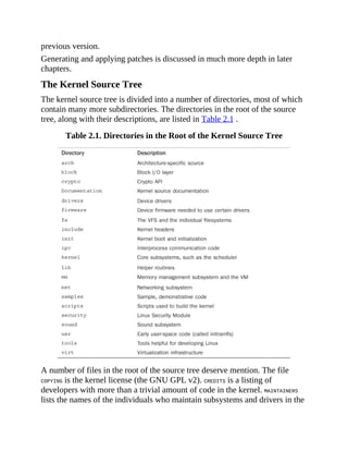 previous version.
Generating and applying patches is discussed in much more depth in later
chapters.
The Kernel Source Tree
The kernel source tree is divided into a number of directories, most of which
contain many more subdirectories. The directories in the root of the source
tree, along with their descriptions, are listed in Table 2.1 .
Table 2.1. Directories in the Root of the Kernel Source Tree
A number of files in the root of the source tree deserve mention. The file
COPYING is the kernel license (the GNU GPL v2). CREDITS is a listing of
developers with more than a trivial amount of code in the kernel. MAINTAINERS
lists the names of the individuals who maintain subsystems and drivers in the
 