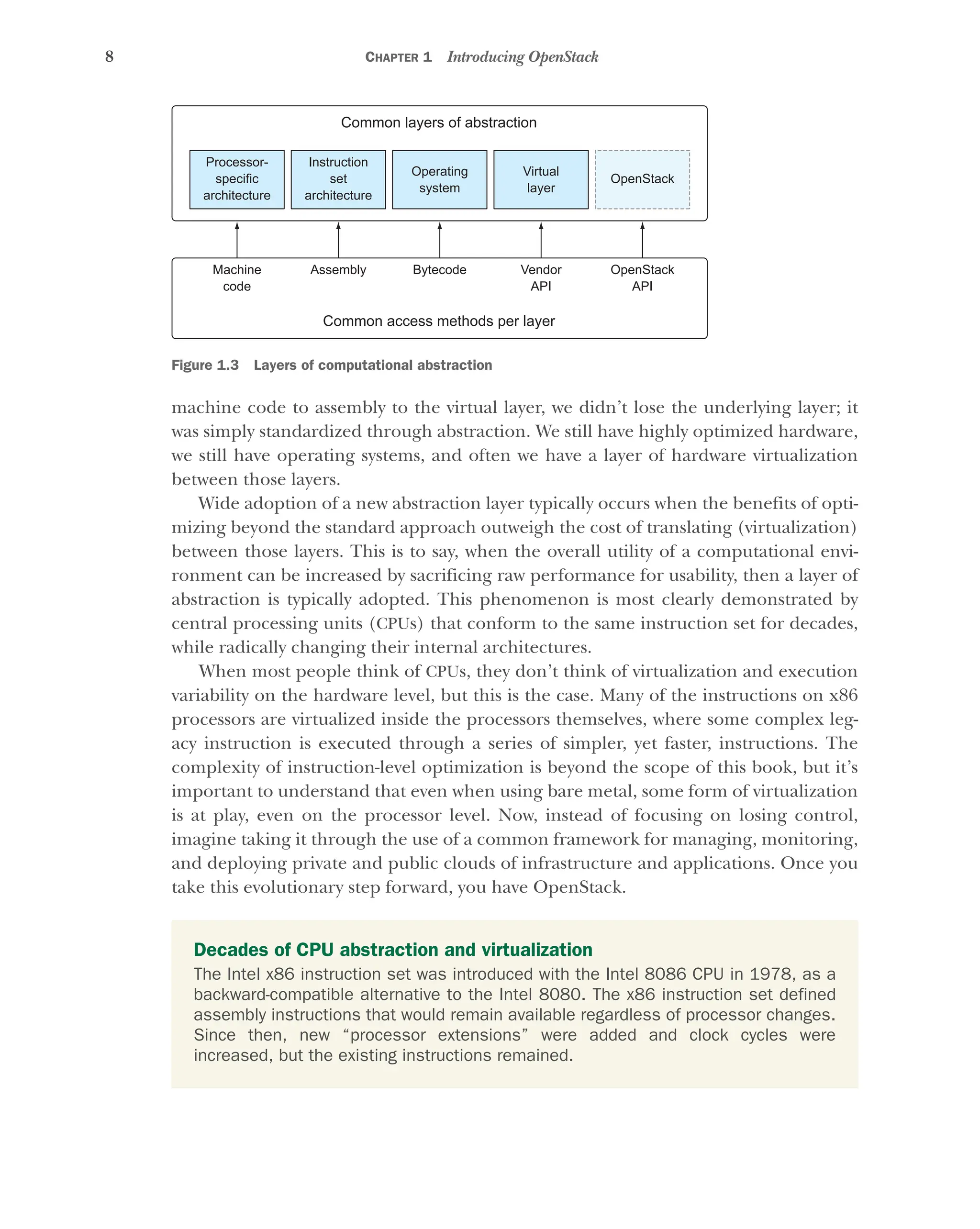 8 CHAPTER 1 Introducing OpenStack
machine code to assembly to the virtual layer, we didn’t lose the underlying layer; it
was simply standardized through abstraction. We still have highly optimized hardware,
we still have operating systems, and often we have a layer of hardware virtualization
between those layers.
Wide adoption of a new abstraction layer typically occurs when the benefits of opti-
mizing beyond the standard approach outweigh the cost of translating (virtualization)
between those layers. This is to say, when the overall utility of a computational envi-
ronment can be increased by sacrificing raw performance for usability, then a layer of
abstraction is typically adopted. This phenomenon is most clearly demonstrated by
central processing units (CPUs) that conform to the same instruction set for decades,
while radically changing their internal architectures.
When most people think of CPUs, they don’t think of virtualization and execution
variability on the hardware level, but this is the case. Many of the instructions on x86
processors are virtualized inside the processors themselves, where some complex leg-
acy instruction is executed through a series of simpler, yet faster, instructions. The
complexity of instruction-level optimization is beyond the scope of this book, but it’s
important to understand that even when using bare metal, some form of virtualization
is at play, even on the processor level. Now, instead of focusing on losing control,
imagine taking it through the use of a common framework for managing, monitoring,
and deploying private and public clouds of infrastructure and applications. Once you
take this evolutionary step forward, you have OpenStack.
Common layers of abstraction
Common access methods per layer
Processor-
specific
architecture
Machine
code
Instruction
set
architecture
Operating
system
Virtual
layer
OpenStack
Assembly Bytecode Vendor
API
OpenStack
API
Figure 1.3 Layers of computational abstraction
Decades of CPU abstraction and virtualization
The Intel x86 instruction set was introduced with the Intel 8086 CPU in 1978, as a
backward-compatible alternative to the Intel 8080. The x86 instruction set defined
assembly instructions that would remain available regardless of processor changes.
Since then, new “processor extensions” were added and clock cycles were
increased, but the existing instructions remained.
Licensed to tracy moore <nordick.an@gmail.com>
 