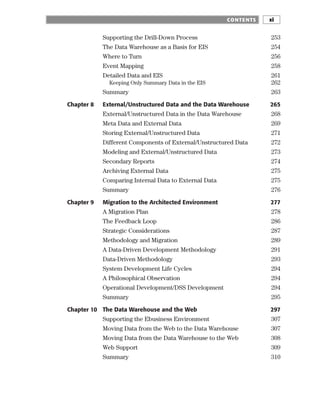 Supporting the Drill-Down Process 253
The Data Warehouse as a Basis for EIS 254
Where to Turn 256
Event Mapping 258
Detailed Data and EIS 261
Keeping Only Summary Data in the EIS 262
Summary 263
Chapter 8 External/Unstructured Data and the Data Warehouse 265
External/Unstructured Data in the Data Warehouse 268
Meta Data and External Data 269
Storing External/Unstructured Data 271
Different Components of External/Unstructured Data 272
Modeling and External/Unstructured Data 273
Secondary Reports 274
Archiving External Data 275
Comparing Internal Data to External Data 275
Summary 276
Chapter 9 Migration to the Architected Environment 277
A Migration Plan 278
The Feedback Loop 286
Strategic Considerations 287
Methodology and Migration 289
A Data-Driven Development Methodology 291
Data-Driven Methodology 293
System Development Life Cycles 294
A Philosophical Observation 294
Operational Development/DSS Development 294
Summary 295
Chapter 10 The Data Warehouse and the Web 297
Supporting the Ebusiness Environment 307
Moving Data from the Web to the Data Warehouse 307
Moving Data from the Data Warehouse to the Web 308
Web Support 309
Summary 310
CONTENTS xi
 
