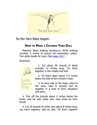 So the Yarn Baby began:
How to Make a Colored Yarn Doll
Material: Black knitting worsted.[H] White knitting
worsted. A strand of coarse red embroidery cotton.
Two white beads for eyes. (See page 122.)
Directions:
1. Cut about 50 strands of black
worsted 12 inches long. Tie them
together in the middle and fold.
2. Tie them again about 1½ inches
below the fold to form Dinah’s head.
3. At each side of the body, close to
the neck, take 8 strands and tie
together in a knot to form shoulders
and arms.
4. Trim off the strands about 2 inches below the
knots, and tie with white yarn near ends—to form
hands.
5. Cut 30 strands of white yarn about 8 inches long.
Lay them together, side by side. Tie them together
 