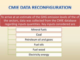 To arrive at an estimate of the GHG emission levels of the of
the sectors, data was collected from the CMIE database
regarding inputs quantities. Key inputs considered are
Mineral fuels
Coal
Petroleum oil and gases
Fuel oils
Fuel wood
Electricity energy
 