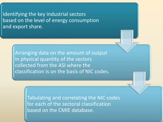 Identifying the key industrial sectors
based on the level of energy consumption
and export share.
Arranging data on the amount of output
in physical quantity of the sectors
collected from the ASI where the
classification is on the basis of NIC codes.
Tabulating and correlating the NIC codes
for each of the sectoral classification
based on the CMIE database.
 