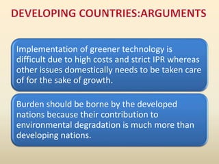 Implementation of greener technology is
difficult due to high costs and strict IPR whereas
other issues domestically needs to be taken care
of for the sake of growth.
Burden should be borne by the developed
nations because their contribution to
environmental degradation is much more than
developing nations.
 