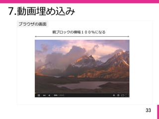 33
ブラウザの画⾯
7.動画埋め込み
親ブロックの横幅１００％になる
 