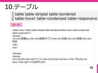 40
10.テーブル
<table class="table table‐striped table‐bordered table‐hover table‐condensed 
table‐responsive">
<thead>
<tr><th>部屋No.</th><th>部屋タイプ</th><th>定員</th><th>喫煙</th><th>
料⾦
</th> 
</tr>
</thead>
<tbody>
<tr><td>501</td><td>ツイン</td><td>2</td><td class="info">可</td><td 
class="text‐right">12,800円</td>
table table-striped table-bordered
table-hover table-condensed table-responsive
ク
ラ
ス名
コード
 