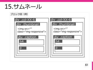 61
ブロック図（例）
15.サムネール
div .col-XX-6
<img src=“”
class=“img-responsive”>
div .thumbnail
div .caption
h4
p
div .col-XX-6
<img src=“”
class=“img-responsive”>
div .thumbnail
div .caption
h4
p
 