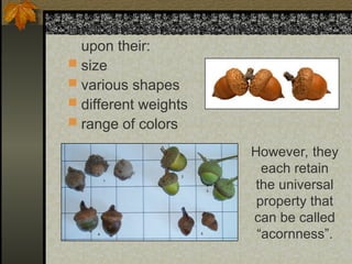 Each of these acorns is different based
upon their:
 size
 various shapes
 different weights
 range of colors
However, they
each retain
the universal
property that
can be called
“acornness”.
 