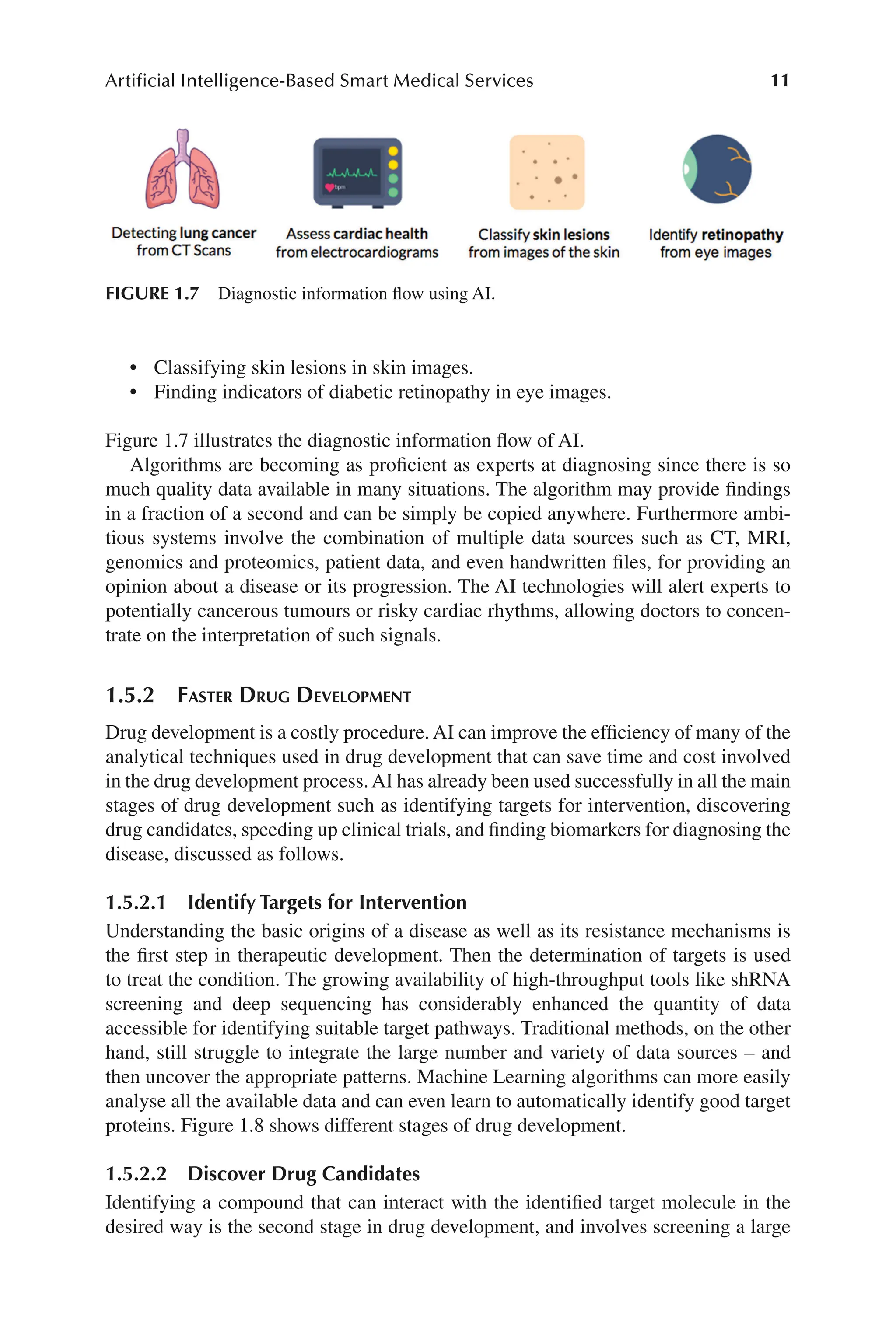 11
Artificial Intelligence-Based Smart Medical Services
11
• Classifying skin lesions in skin images.
• Finding indicators of diabetic retinopathy in eye images.
Figure 1.7 illustrates the diagnostic information flow of AI.
Algorithms are becoming as proficient as experts at diagnosing since there is so
much quality data available in many situations. The algorithm may provide findings
in a fraction of a second and can be simply be copied anywhere. Furthermore ambi-
tious systems involve the combination of multiple data sources such as CT, MRI,
genomics and proteomics, patient data, and even handwritten files, for providing an
opinion about a disease or its progression. The AI technologies will alert experts to
potentially cancerous tumours or risky cardiac rhythms, allowing doctors to concen-
trate on the interpretation of such signals.
1.5.2 Faster Drug Development
Drug development is a costly procedure. AI can improve the efficiency of many of the
analytical techniques used in drug development that can save time and cost involved
in the drug development process.AI has already been used successfully in all the main
stages of drug development such as identifying targets for intervention, discovering
drug candidates, speeding up clinical trials, and finding biomarkers for diagnosing the
disease, discussed as follows.
1.5.2.1 
Identify Targets for Intervention
Understanding the basic origins of a disease as well as its resistance mechanisms is
the first step in therapeutic development. Then the determination of targets is used
to treat the condition. The growing availability of high-​
throughput tools like shRNA
screening and deep sequencing has considerably enhanced the quantity of data
accessible for identifying suitable target pathways. Traditional methods, on the other
hand, still struggle to integrate the large number and variety of data sources –​and
then uncover the appropriate patterns. Machine Learning algorithms can more easily
analyse all the available data and can even learn to automatically identify good target
proteins. Figure 1.8 shows different stages of drug development.
1.5.2.2 
Discover Drug Candidates
Identifying a compound that can interact with the identified target molecule in the
desired way is the second stage in drug development, and involves screening a large
FIGURE 1.7 Diagnostic information flow using AI.
 