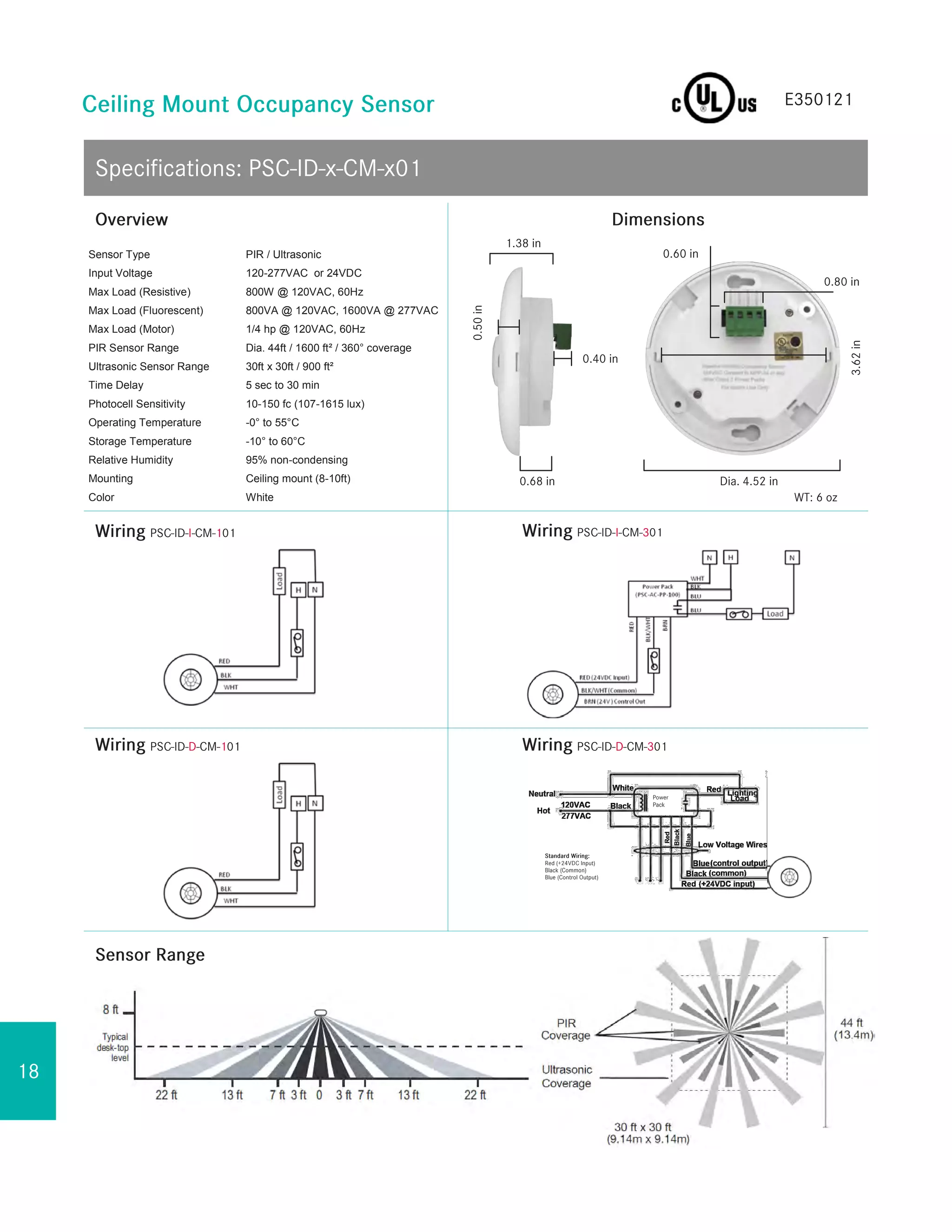 Sensor Type PIR / Ultrasonic
Input Voltage 120-277VAC or 24VDC
Max Load (Resistive) 800W @ 120VAC, 60Hz
Max Load (Fluorescent) 800VA @ 120VAC, 1600VA @ 277VAC
Max Load (Motor) 1/4 hp @ 120VAC, 60Hz
PIR Sensor Range Dia. 44ft / 1600 ft² / 360° coverage
Ultrasonic Sensor Range 30ft x 30ft / 900 ft²
Time Delay 5 sec to 30 min
Photocell Sensitivity 10-150 fc (107-1615 lux)
Operating Temperature -0° to 55°C
Storage Temperature -10° to 60°C
Relative Humidity 95% non-condensing
Mounting Ceiling mount (8-10ft)
Color White
E350121
 