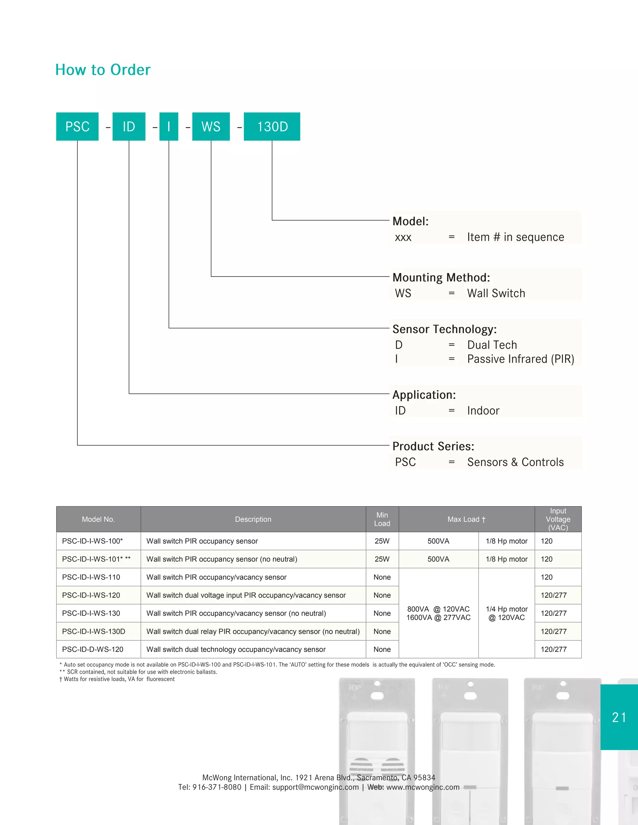 Model No. Description
Min
Load
Max Load †
Input
Voltage
(VAC)
PSC-ID-I-WS-100* Wall switch PIR occupancy sensor 25W 500VA 1/8 Hp motor 120
PSC-ID-I-WS-101* ** Wall switch PIR occupancy sensor (no neutral) 25W 500VA 1/8 Hp motor 120
PSC-ID-I-WS-110 Wall switch PIR occupancy/vacancy sensor None
800VA @ 120VAC
1600VA @ 277VAC
120
1/4 Hp motor
@ 120VAC
PSC-ID-I-WS-120 Wall switch dual voltage input PIR occupancy/vacancy sensor None 120/277
PSC-ID-I-WS-130 Wall switch PIR occupancy/vacancy sensor (no neutral) None 120/277
PSC-ID-I-WS-130D Wall switch dual relay PIR occupancy/vacancy sensor (no neutral) None 120/277
PSC-ID-D-WS-120 Wall switch dual technology occupancy/vacancy sensor None 120/277
 