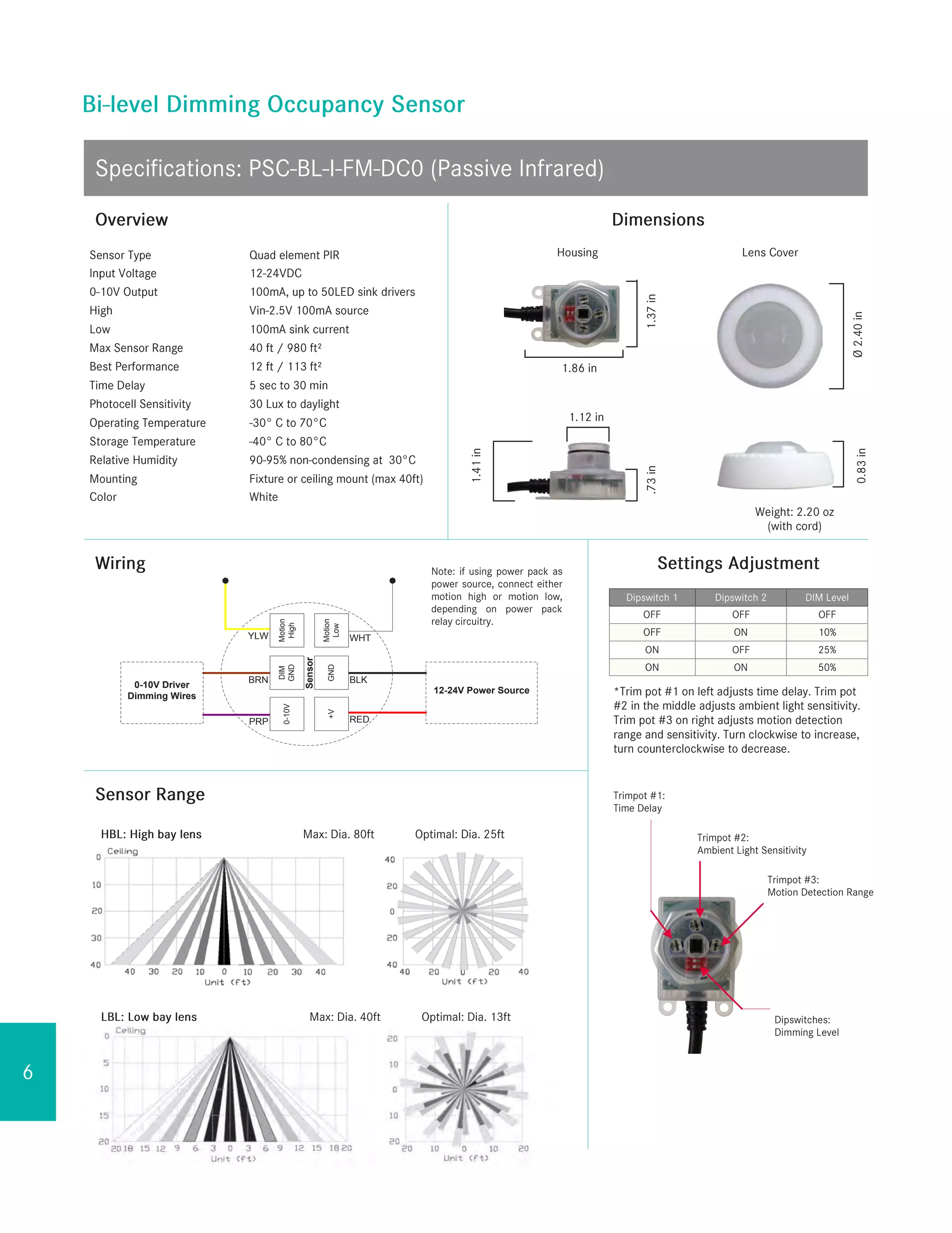 12-24V Power Source
Sensor
YLW
BRN
PRP
0-10V Driver
Dimming Wires
WHT
Motion
Low
Motion
High
DIM
GND
0-10V
RED
+V
BLK
GND
Note: If using power pack as power source, connect either Motion High or Motion Low, depending on power pack relay circuitry.
 