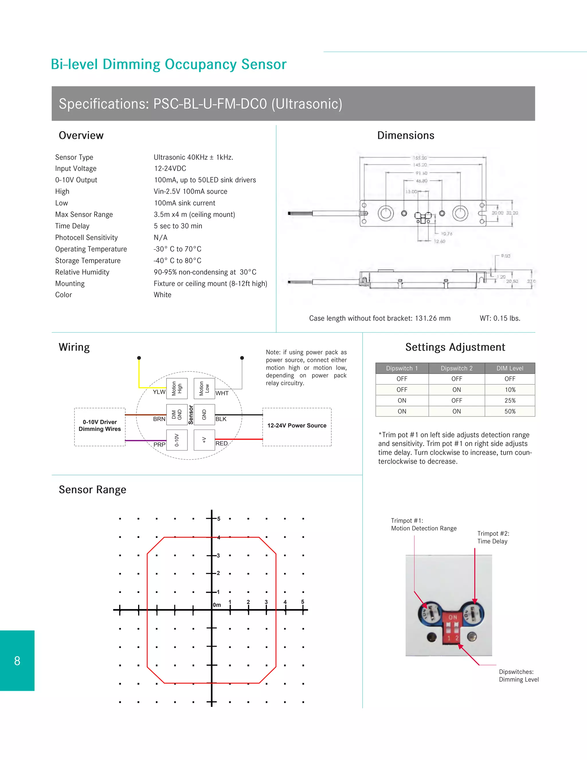 12-24V Power Source
Sensor
YLW
BRN
PRP
0-10V Driver
Dimming Wires
WHT
Motion
Low
Motion
High
DIM
GND
0-10V
RED
+V
BLK
GND
Note: If using power pack as power source, connect either Motion High or Motion Low, depending on power pack relay circuitry.
0m
1
1
2
2
3
3 4
4
5
5
 