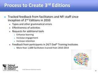 2015 National Fatherhood Initiative
Process to Create 3rd Editions
16
 Tracked feedback from facilitators and NFI staff since
inception of 2nd Editions in 2010
 Typos and other grammatical errors
 Effectiveness of activities
 Requests for additional tools
 Enhance learning
 Increase engagement
 Increase retention
 Feedback from participants in 24/7 Dad® Training Institutes
 More than 1,600 facilitators trained from 2010-2014
 