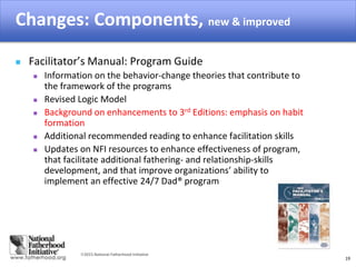 2015 National Fatherhood Initiative
Changes: Components, new & improved
19
 Facilitator’s Manual: Program Guide
 Information on the behavior-change theories that contribute to
the framework of the programs
 Revised Logic Model
 Background on enhancements to 3rd Editions: emphasis on habit
formation
 Additional recommended reading to enhance facilitation skills
 Updates on NFI resources to enhance effectiveness of program,
that facilitate additional fathering- and relationship-skills
development, and that improve organizations’ ability to
implement an effective 24/7 Dad® program
 